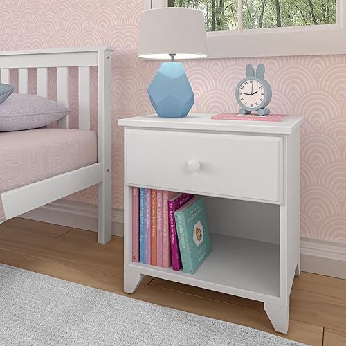 Max & Lily Mesita de noche clásica de madera con 1 cajón, mesita de noche para niños, mesita de noche pequeña para dormitorio, color blanco