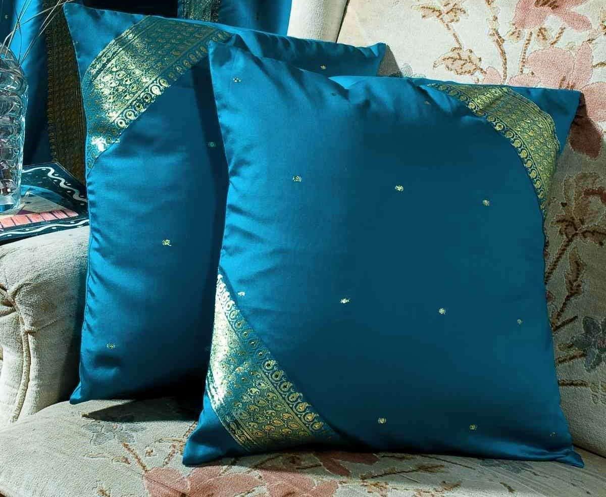 Stunning Turquoise Handmade Sari Cushion Covers | Set of 2 | Indian Sari Throw Boho Decor Pillow Covers with Zipper Enclosure | Ideal for Home Decor 16" X 16"
