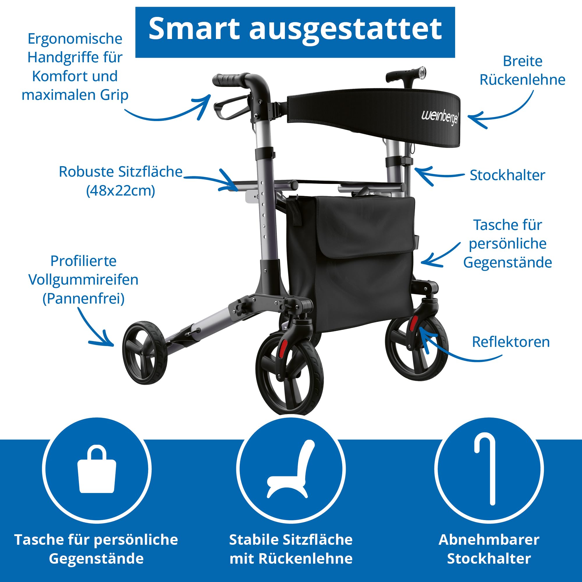 Weinberger Rollator faltbar und leicht mit Sitz | Tasche, Griff, klappbar mit 20cm Reifen für alle Gelände | Höhenverstellbarer Indoor & Outdoor Rollator für Senioren | Gehhilfe, Laufhilfe