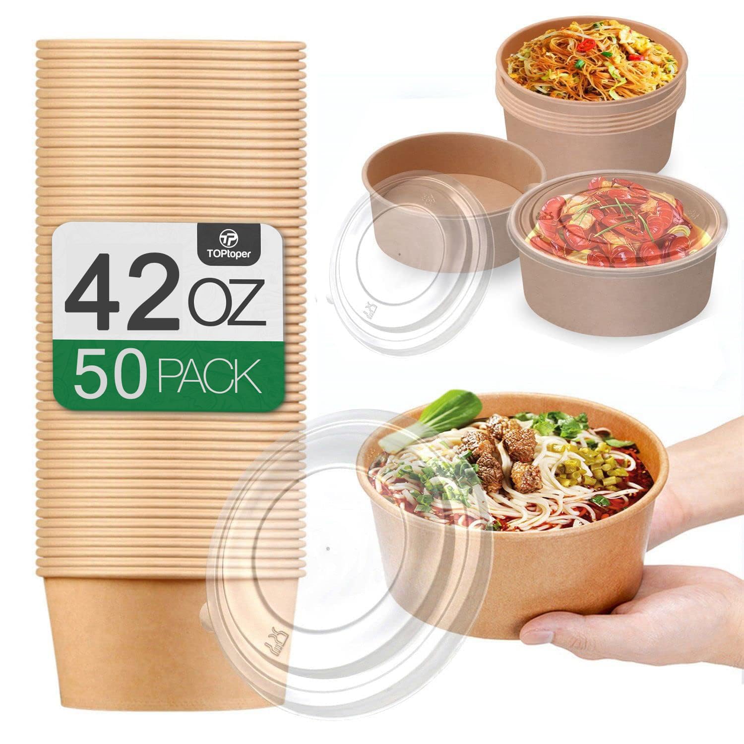 Photo 1 of TOPtoper 42Oz 50Pcs Large Paper Bowls with Lids, Disposable Soup Serving Bowls Bulk Party Supplies for Hot/Cold Food, Soup (42 OZ)