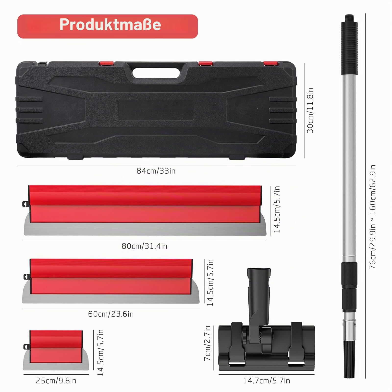Flächenspachtel Set - Spachtel 25cm, 60cm und 80cm + Verlängerungsgriff 76cm bis 160cm, Baumesser aus Edelstahl (Rotes Set)