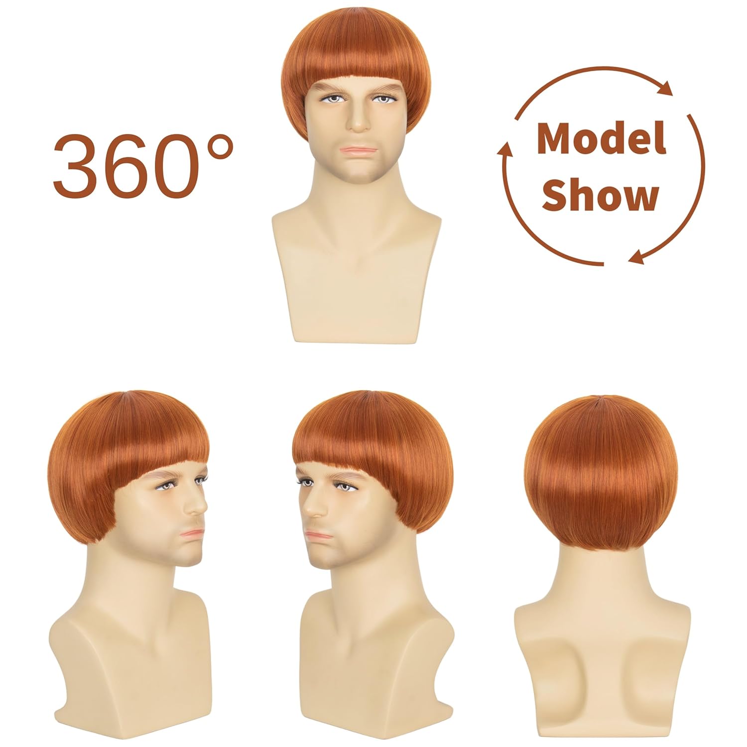 Yan Dream Retro 60s Men Short Straight Ginger Bowl Cut Wig Mushroom Bob Costume Wig with Bangs - Image 3