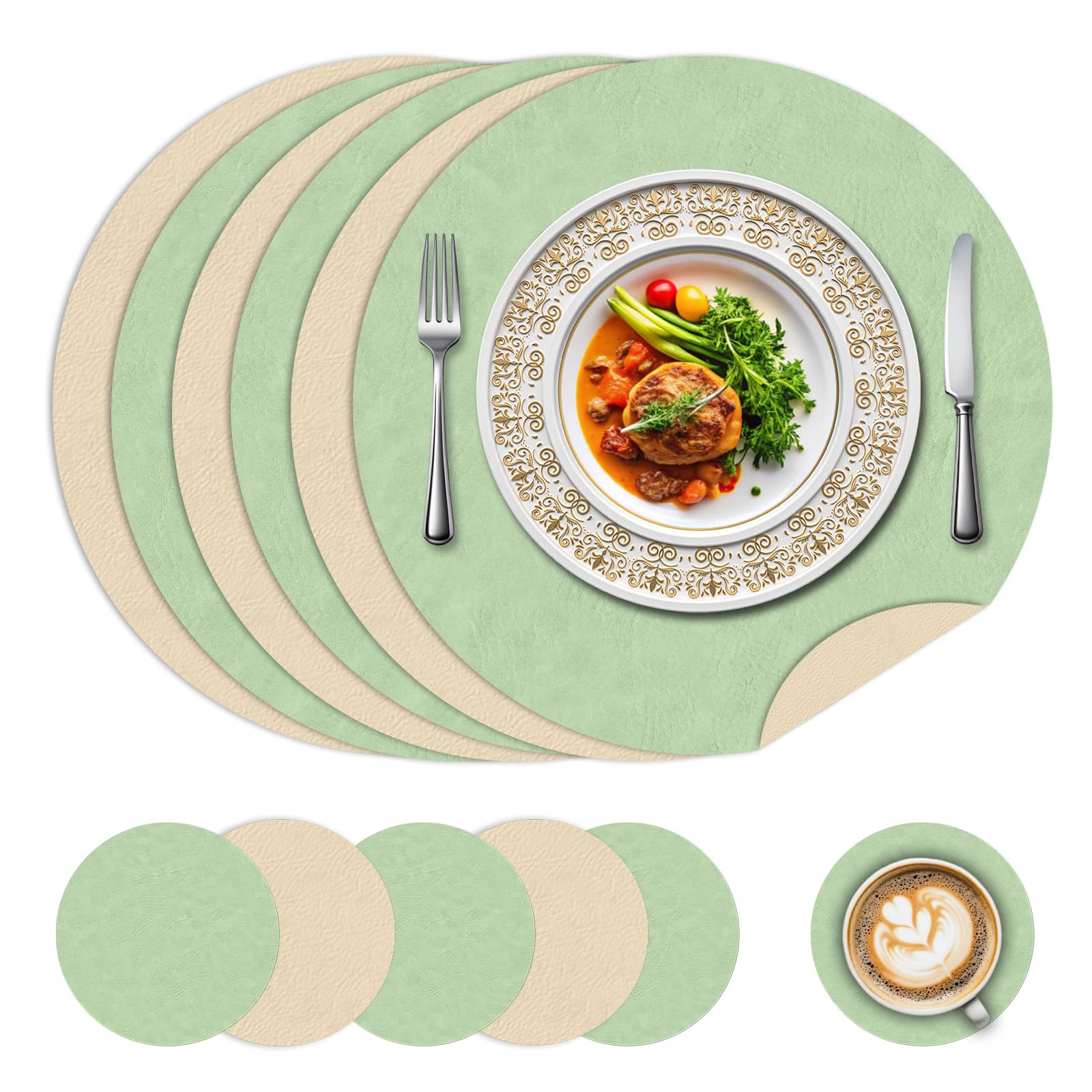 Round Faux LeatherPlacemats and Coasters Set of 6,38 Cm Dual Sided Non-Slip and Waterproof Kitchen Place Mats,Heat Resistant Reusable Table Mats for Kitchen, Restaurant, Dining Table(Green + Beige)