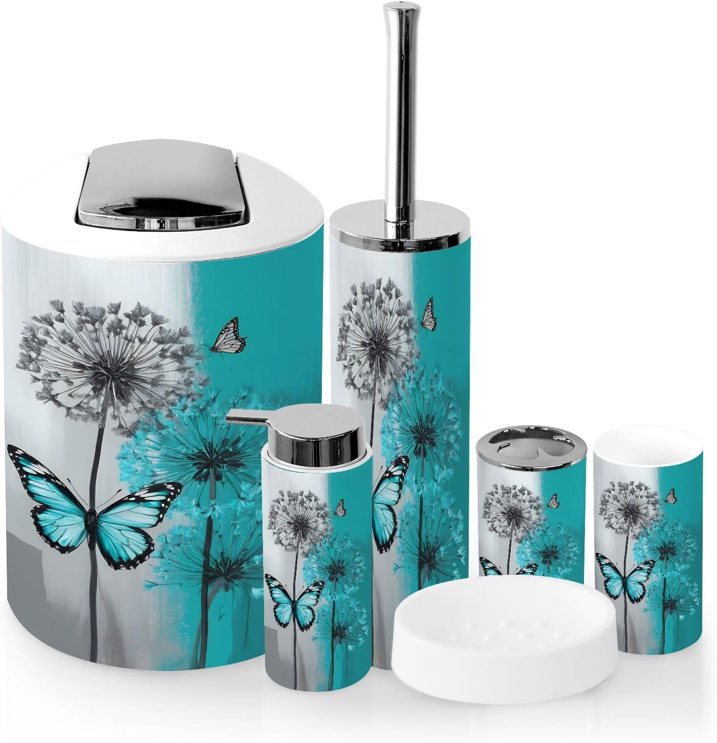 Bathroom Accessory Set 6 Piece Teal Dandelion Modern Teal Grey Aesthetic Butterfly Blue Accent Trash can, Toothbrush Holder, Toothbrush Cup, Soap Dispenser, Soap Dish, Toilet Brush Holder