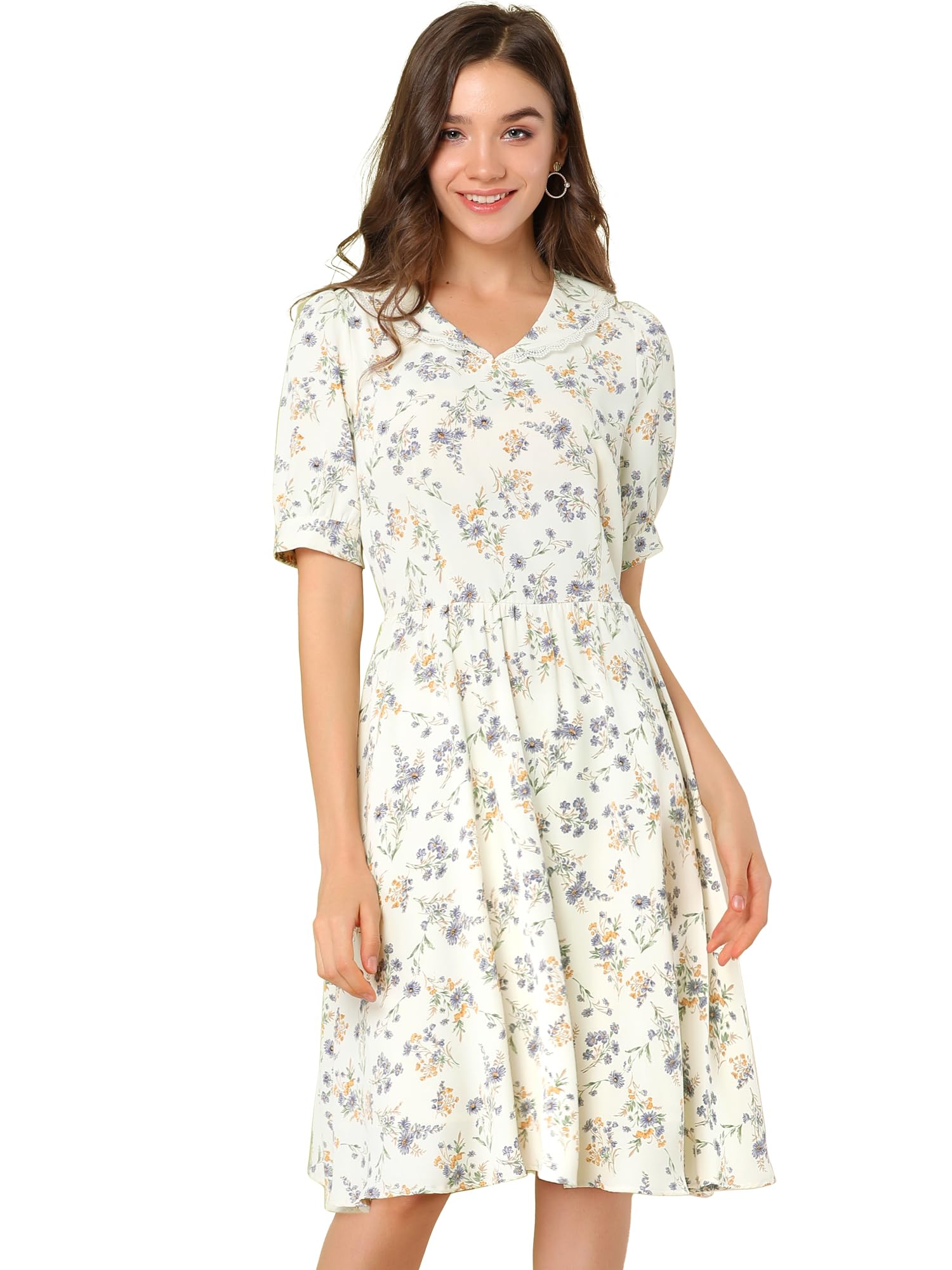 Allegra K Womens Vintage Peter Pan Collar Flowy Midi Floral Dress