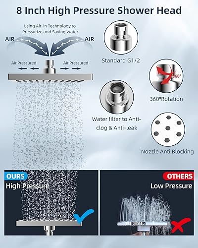 Miniatura 3 de Hibbent Cabezal de ducha de alta presión de 8 pulgadas, combo de cabezal de ducha de mano, brazo de extensión de ducha ajustable, 7 pulverizadores,