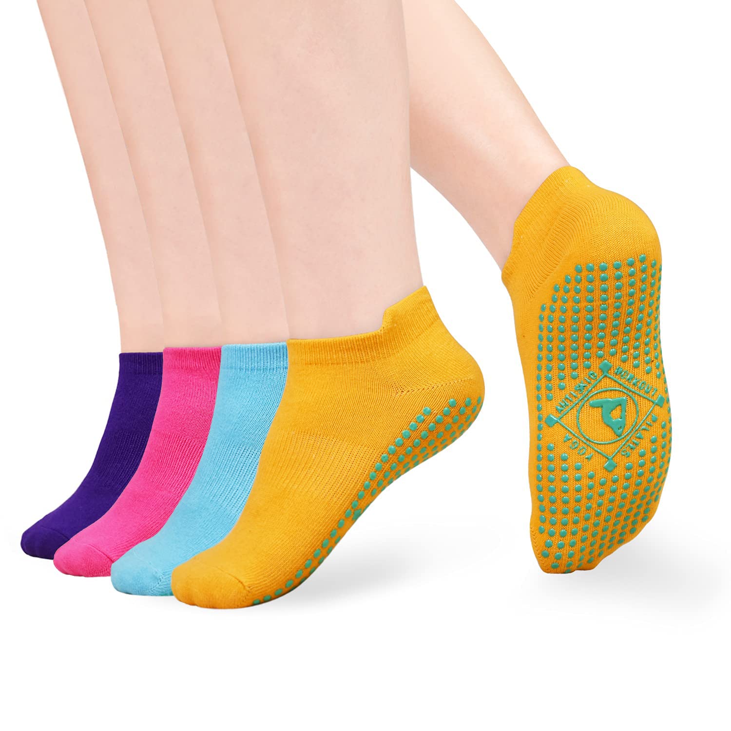 GRPSKCOSYoga Socks for Women Non Slip- 4 Pairs Slipper Socks for Ballet, Pilates, Home,Hospital, Barre with Cushion Size 3-8