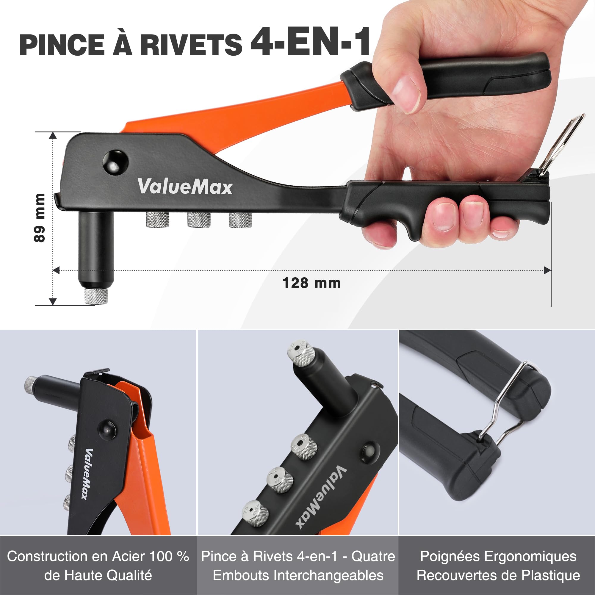 ValueMax 4-in-1 klinknagelpistoolset met 200 klinknagels, popklinkhamer met 4 maten verwisselbare neusstukken 3/32 (2,4 mm), 1/8 (3,2 mm), 5/32 (4,0 mm), 3/16 (4,8 mm), Heavy Duty Pop Rivet Gun ValueMax 4-in-1 klinknagelpistoolset met 200 klinknagels, popklinkhamer met 4 maten verwisselbare neusstukken 3/32 (2,4 mm), 1/8 (3,2 mm), 5/32 (4,0 mm), 3/16 (4,8 mm), Heavy Duty Pop Rivet Gun