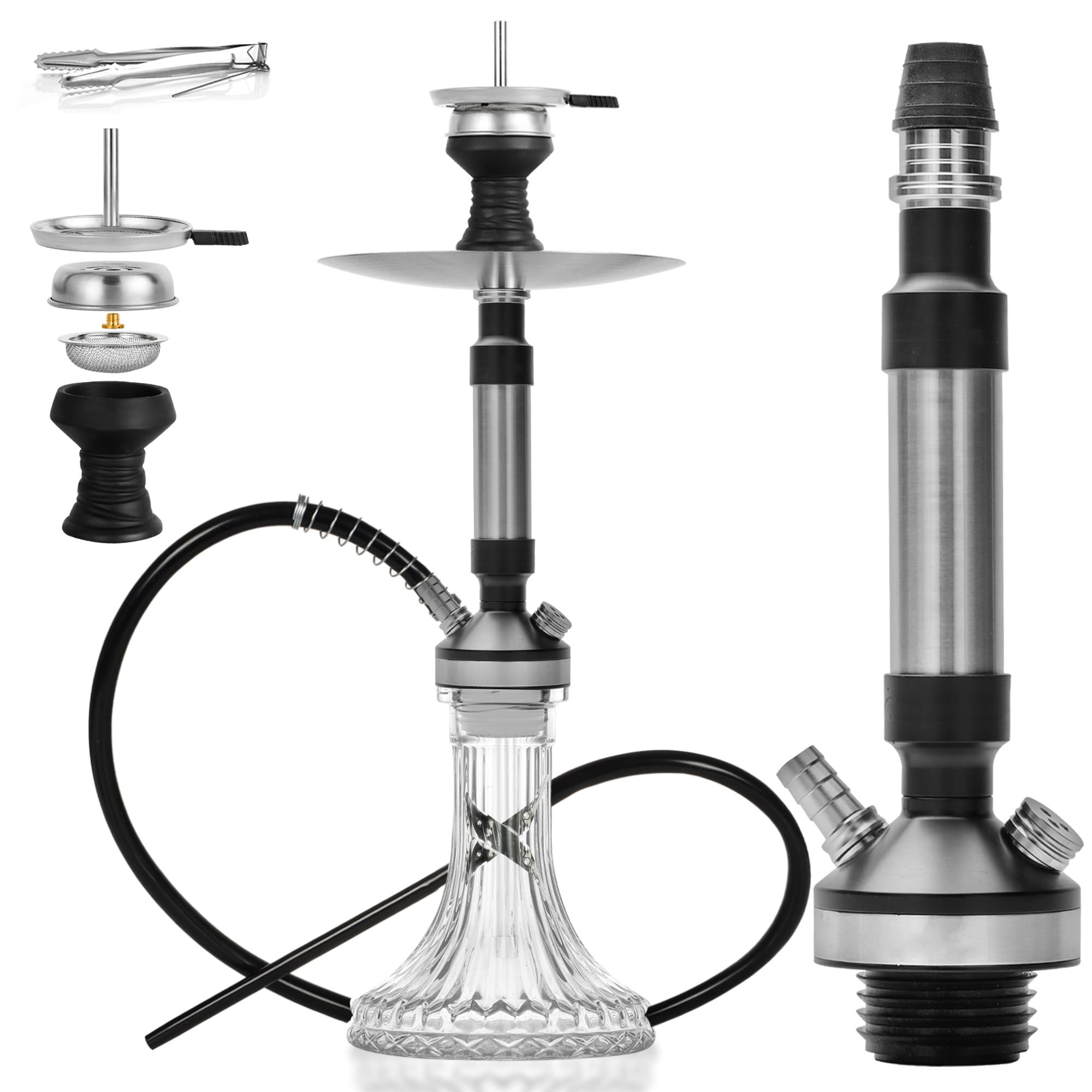 Hookah Complete Set with Everything - Stainless Steel Hookah Stem with Diffuser Washable Silicone Hose Rubber Shisha Bowl