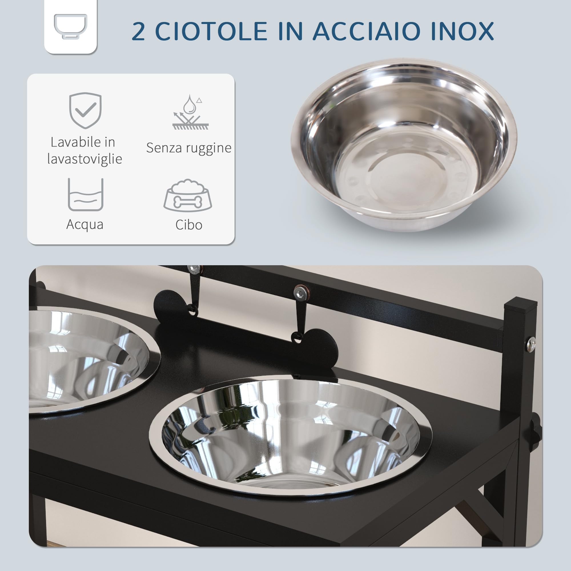 PawHut Ciotole per Cani Rialzate con Altezza Regolabile e Targhetta, 2 Ciotole in Acciaio da 900ml per Acqua e Cibo, Nero