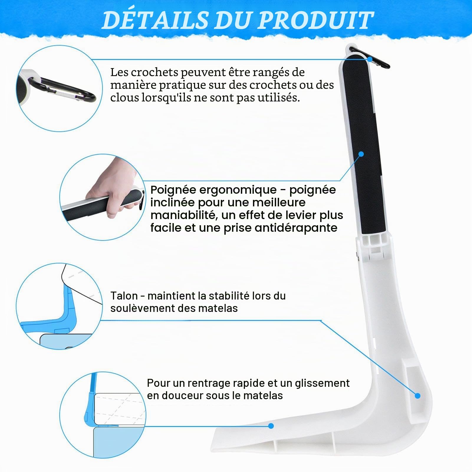 Outil de Levage de Matelas au Design Ergonomique – Lève-Matelas Pliable pour Changer Les draps | Aide Facile à Faire du lit pour Les Personnes âgées, poignée arrière pour soulever Les