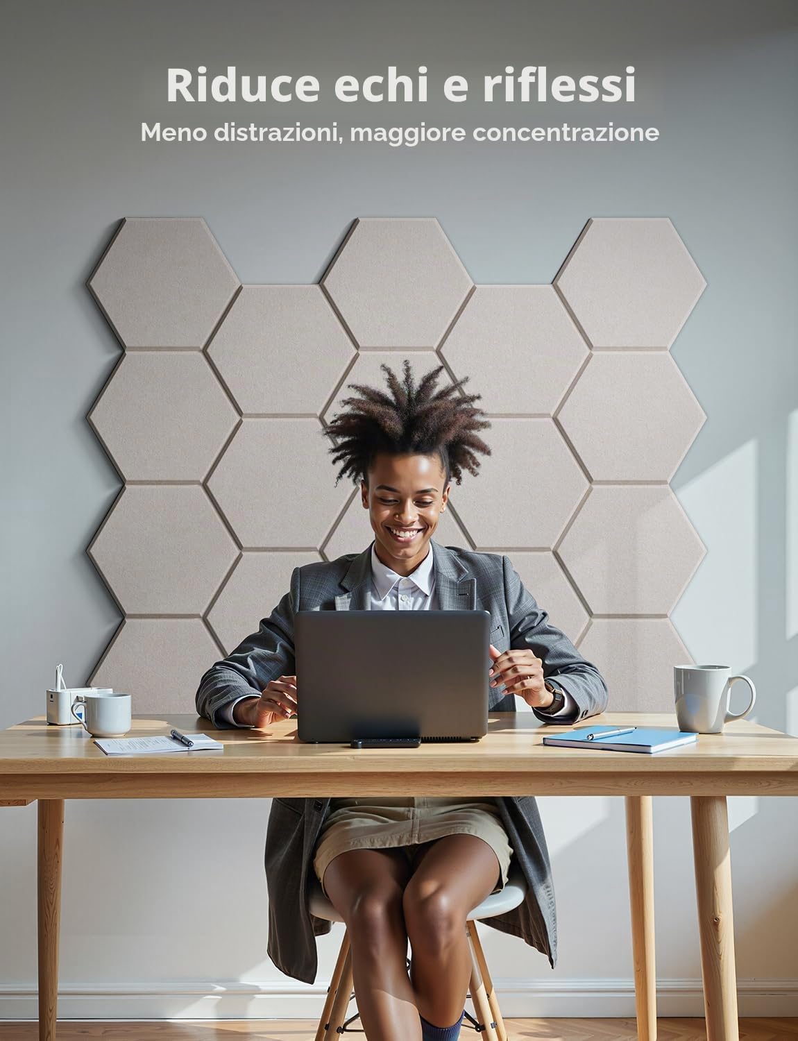 Kuchoow Pannelli Fonoassorbenti Esagonali Adesivi per Parete, 12 Pezzi Pannello Acustici Decorativi per Riduzione dell'Eco, Camera Da Letto, Soggiorno, Interni, Soffitto, 30x26x0,9 cm, Beige