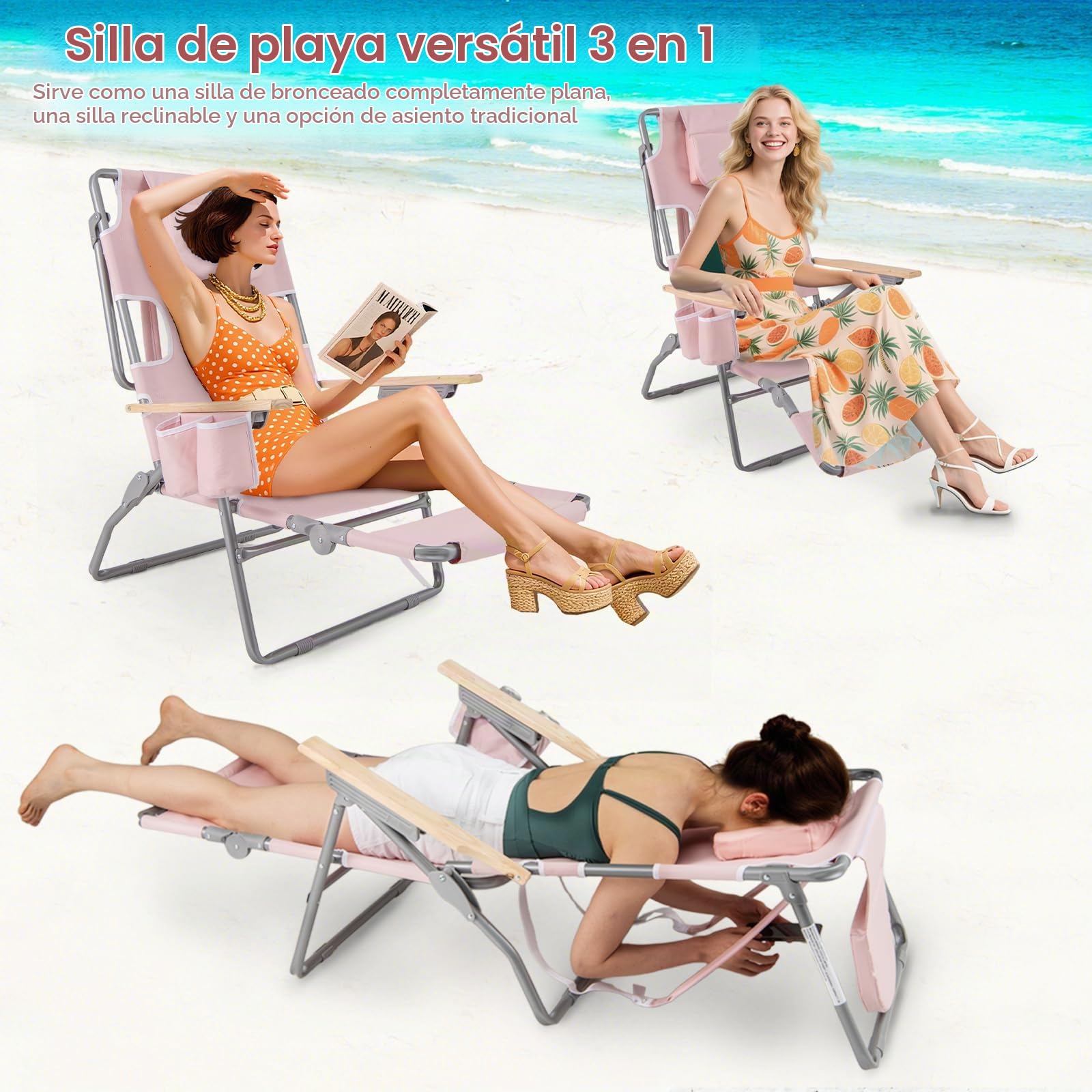 KOMFOTTEU Silla de Playa Reclinable con Agujero para Cara, Tumbona Plegable con Respaldo Ajustable de 4 Posiciones y Reposapiés de 2 Posiciones, Tumbona Jardín Exterior Baño de Sol (Rosa)