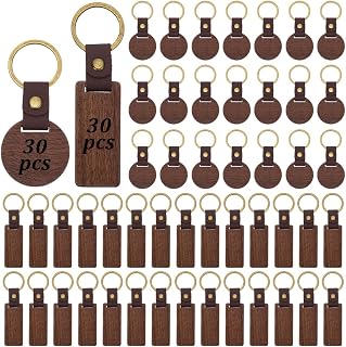 60 PCS Leather Wood Keychain Blanks Unfinished Wooden Keychains Rectangular and Round Shape Walnut Wood Keychains Blanks for Engraving DIY Crafts Personalized Gifts
