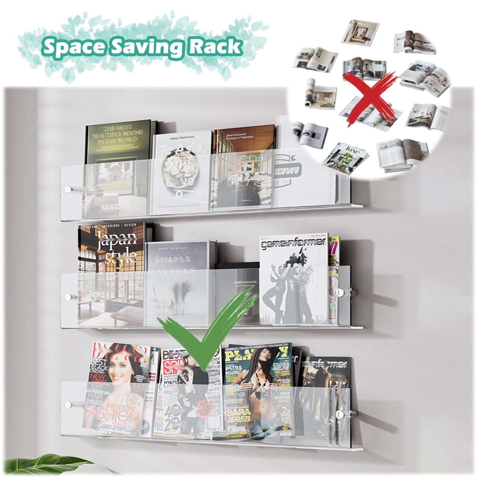 Prospektständer aus Acryl, zur Wandmontage, leichter Zeitschriftenhalter für Akten, Ordner, Planer, Bücher, Alben und Schallplatten, Set mit 2 transparenten Regalen