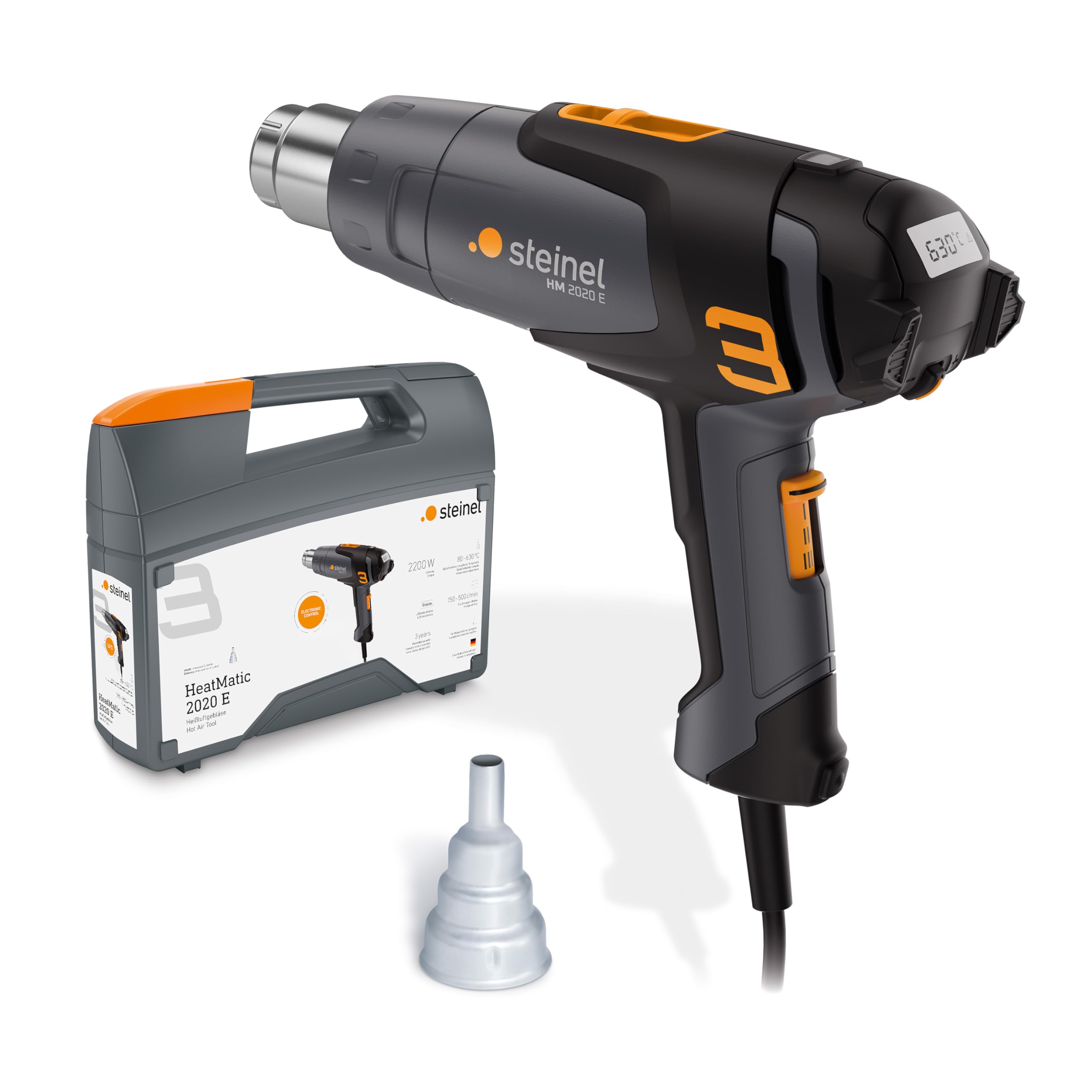 Steinel set de pistola de aire caliente con cable HM 2020 E, boquilla reductora incluida, pistola de calor de 2200 W, pantalla LCD, temperatura 80°-​630°C