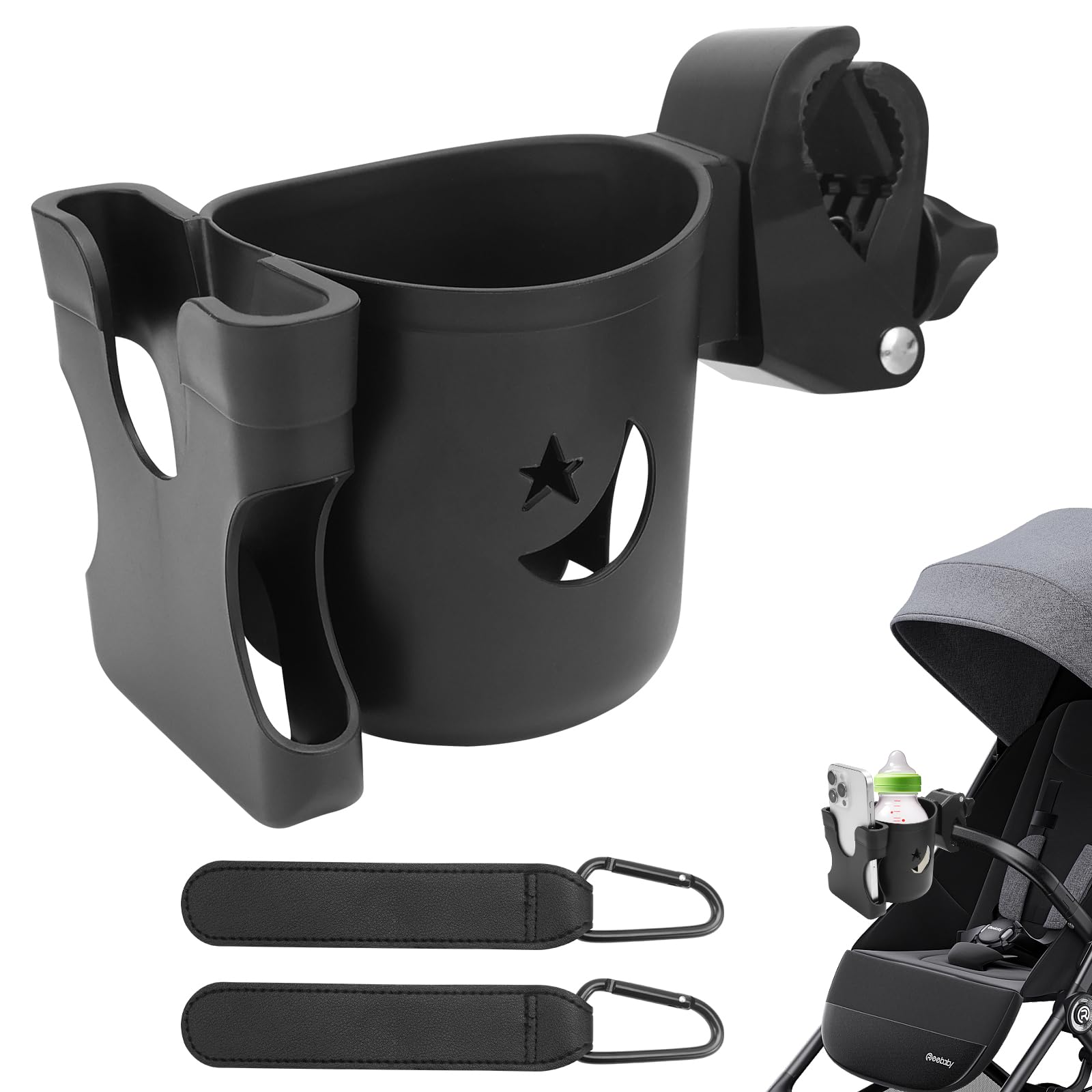 Soporte para bebidas del cochecito de bebé con funda para móvil Universal 2 en 1 Soporte para vasos Soporte para café Soporte para bebidas con 2 ganchos para cochecito de bebé, bicicletas