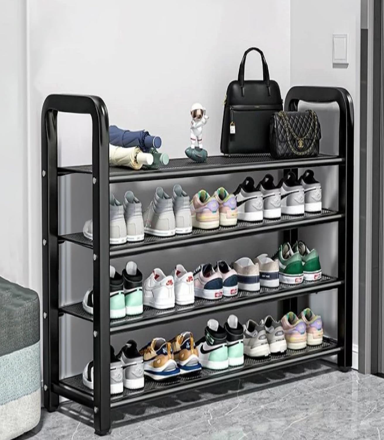 Portable Shoe Rack for Home Plastic Shelves Household - 4 Door DIY Multipurpose Shoe Rack Organizer, Shoe Storage-Shelf with Dustproof Door Entryway for Heels/Slippers/Boots - Black