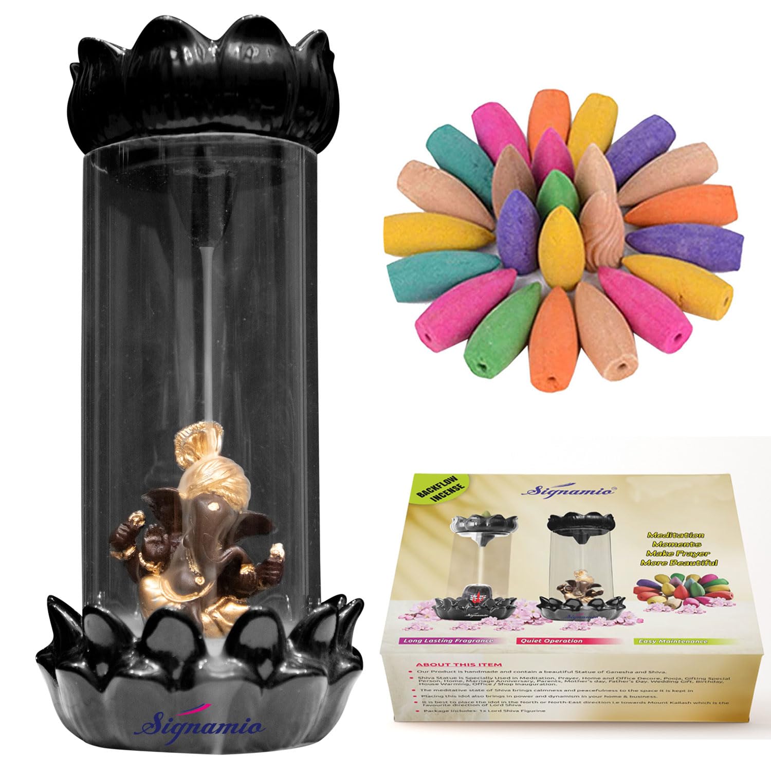 SIGNAMIO Ganesha Backflow Dhoop Smoke Fountain Aromatic Essence Of Ceramic Incense Burner Holder With 30 Cones For Meditation And Home Decor, Yellow
