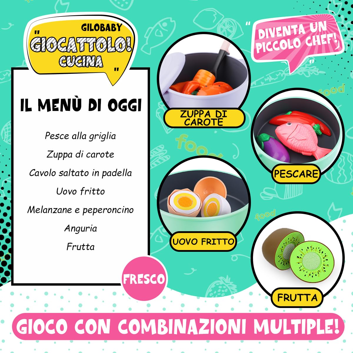GILOBABY Cucina Giocattolo per Bambini, Accessori con Taglio Cibo Verdura, Pentole e Padelle, Giochi di Ruolo Regalo per Ragazze e Ragazzi dai 3 Anni - Rosa