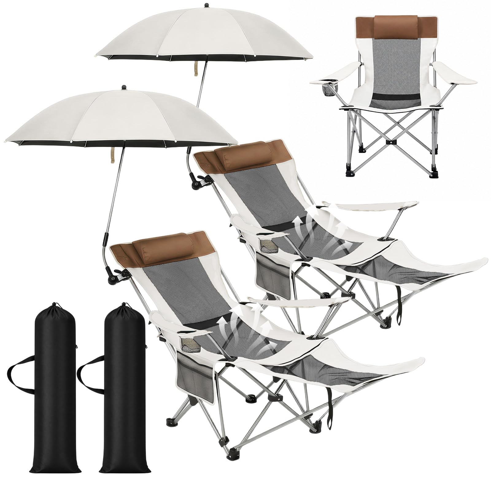 Photo 1 of ***STOCK PHOTO FOR REFERENCE ONLY***Colingmill 2 Pack Reclining Camping Chairs with 2 Umbrellas, Folding Beach Chairs with Footrest, Headrest, Cup Holder, 4-Position Adjustable Backrest Lounger for Lawn Outdoor, Picnic(Dark Blue)