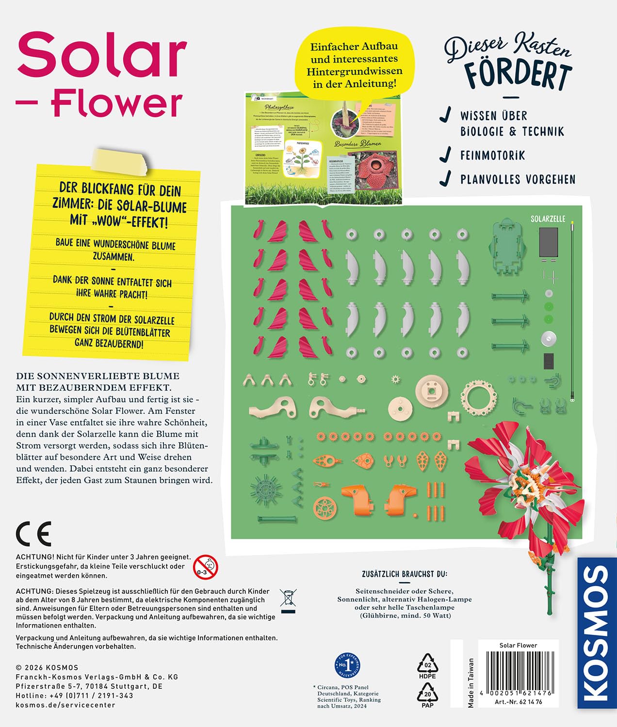 Kosmos 621476 Solar-Flower, rotierende Blütenblätter, Bewegungs-Effekt durch Solarzellen Motor und clevere Mechanik, Experimentierset für Kinder ab 8 Jahre, DIY, Sonnenenergie