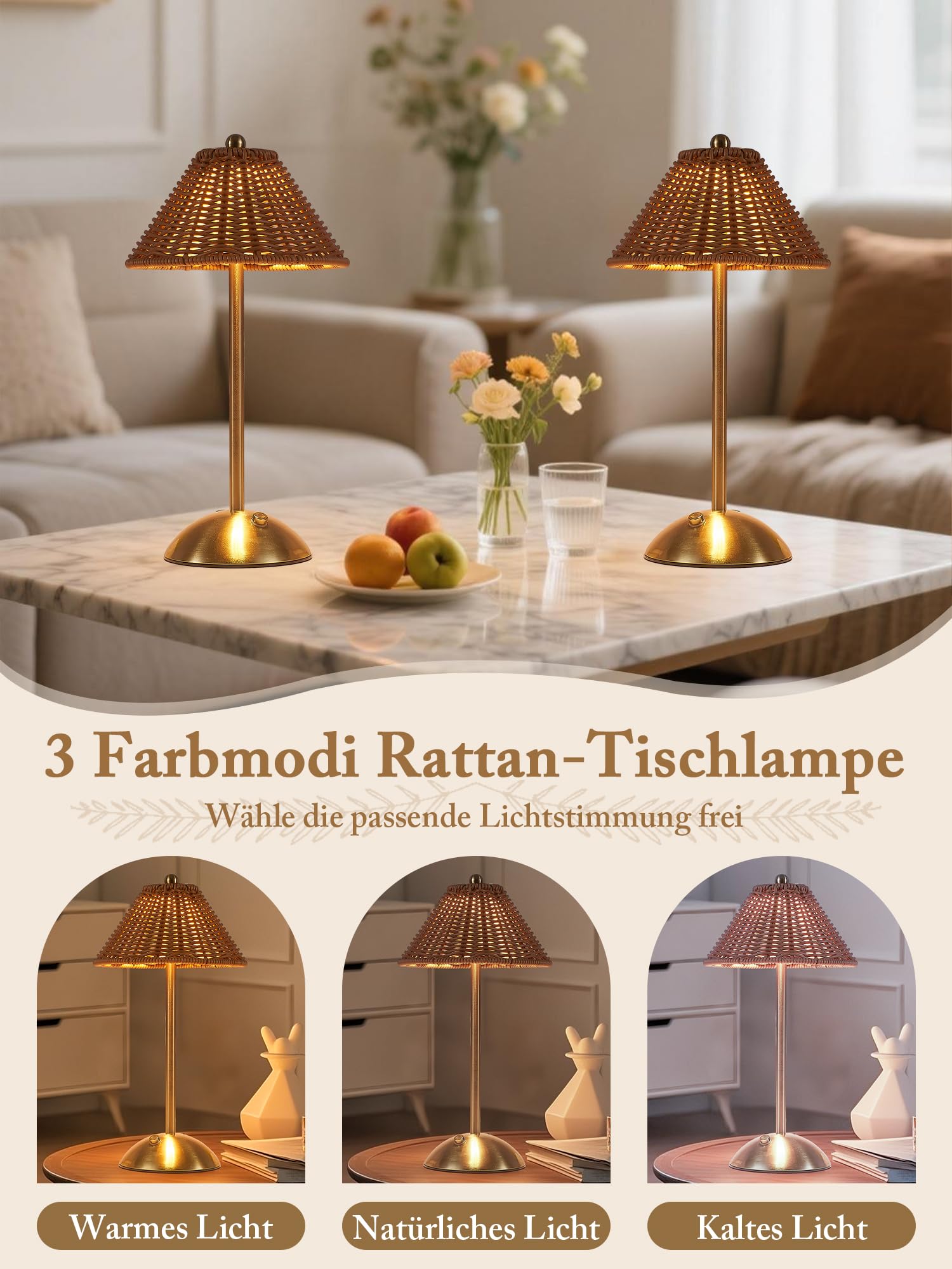 Lot de 2 lampes de table LED sans fil en rotin - Intensité variable