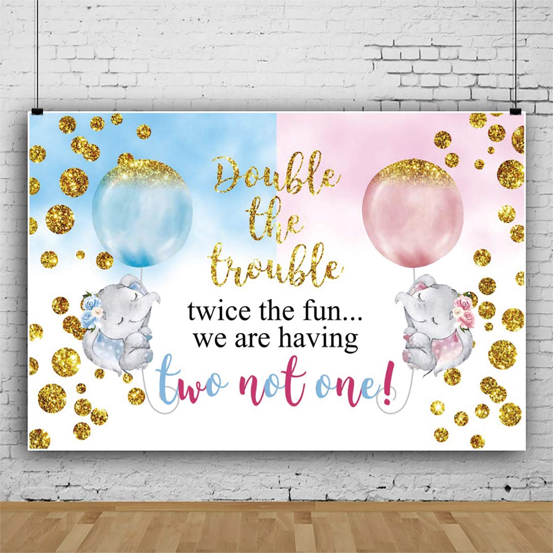 Leowefowa Double The Trouble Twice The Fun We are Having Baby Shower Backdrop 7x5ft Twins Baby Shower Background for Photography Gender Reveal Party Banner Photo Booth Props
