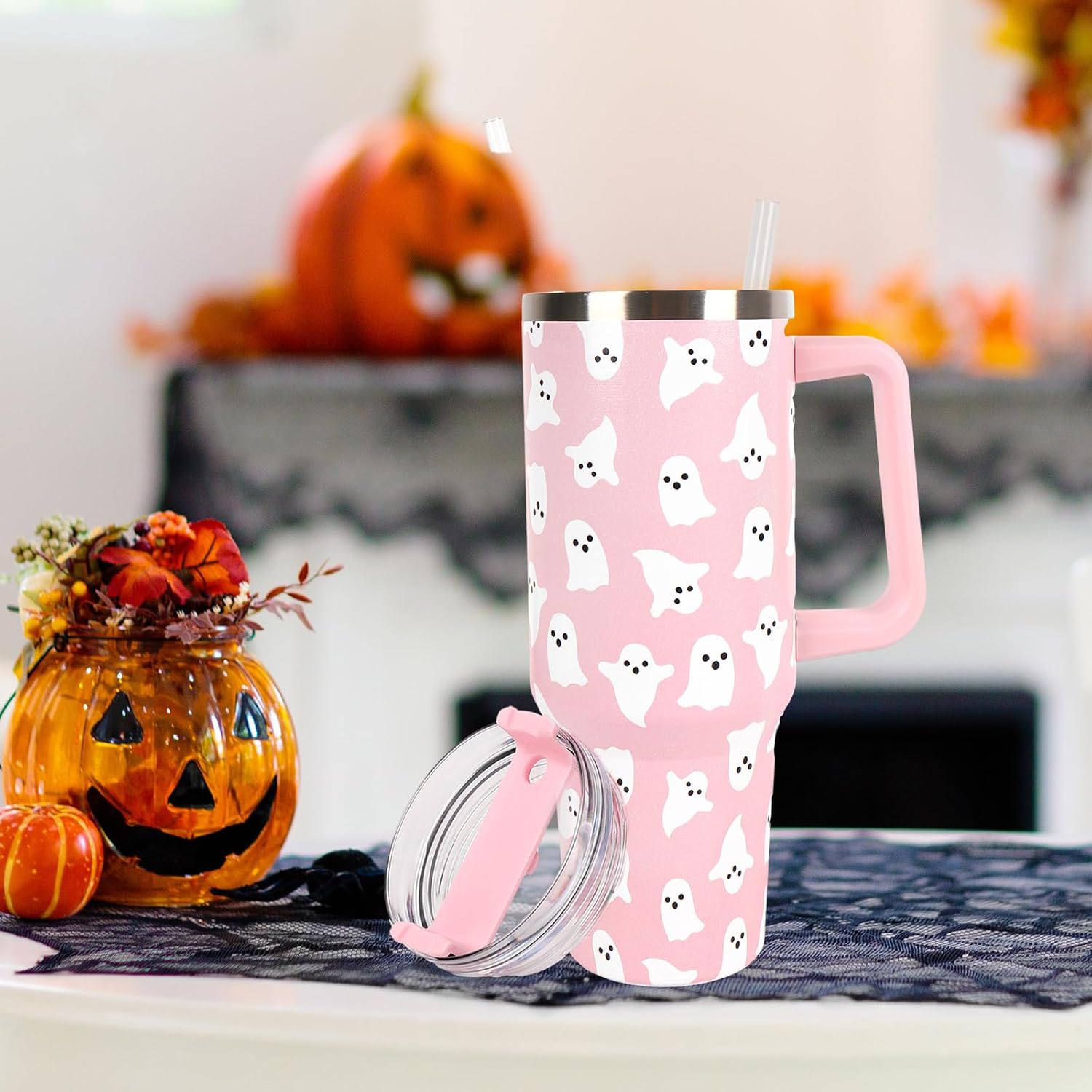 JarThenaAMCS Halloween Ghost Tumbler with Lid Straw 40 Oz Pink Cute Ghost Stainless Steel Cup with Handle Travel Coffee Tumbler for Home Office Party Classroom - Image 6