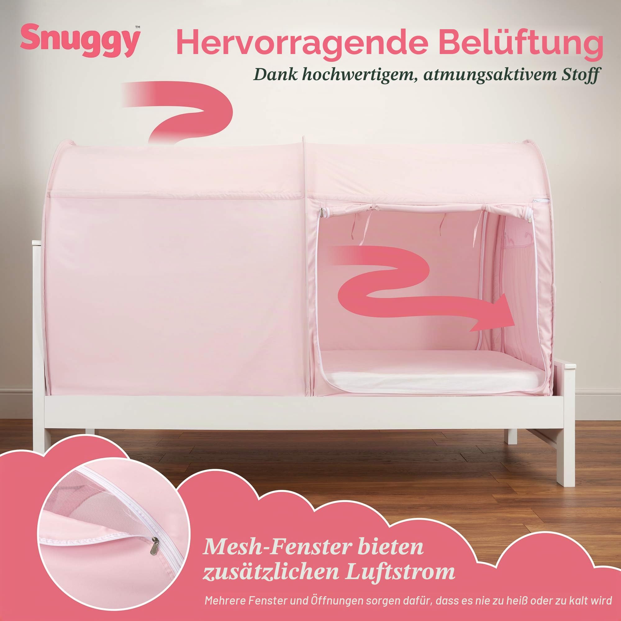 Snuggy Betthimmel - Kinderzelt, Sichtschutz für Kinder I Baldachin Kinderzimmer, tragbares atmungsaktives Gewebe I Faltbares Design für Jungen und Mädchen I Indoorzelt (Rosa, Einzelbett)