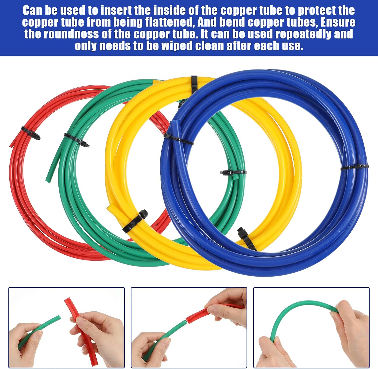 4 Pcs 4M Conditioning Copper Tubing Extension Copper Tube Bender Kit with PE Plastic Strips, 1/4" 3/8" 1/2" 5/8" Sizes (Blue, Yellow, Green, Red)