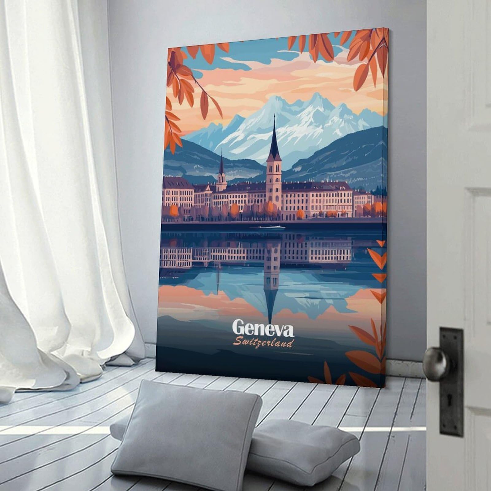 Junmoney Frame-Style-4 Geneva, Switzerland Cityscape Wall Picture Print, 20X30inch(50X75cm), For Wall Displays, Bedrooms Or Room Updates, Decorative Artwork With Flexible Styling