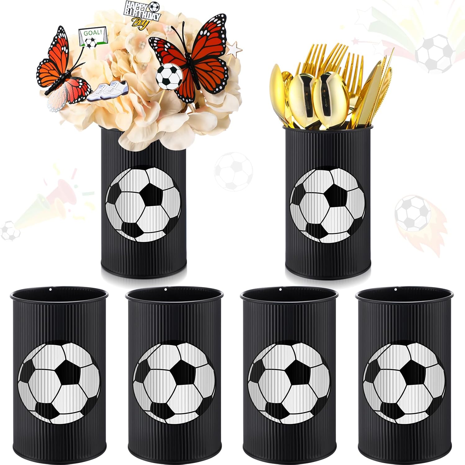 Domensi 6 Pcs Soccer Table Centerpiece Baseball Vase Decor Galvanized Metal Tin Vases for Artificial Flowers Soccer Utensil Holder for Kitchen Home Baseball Party Decorations Gifts