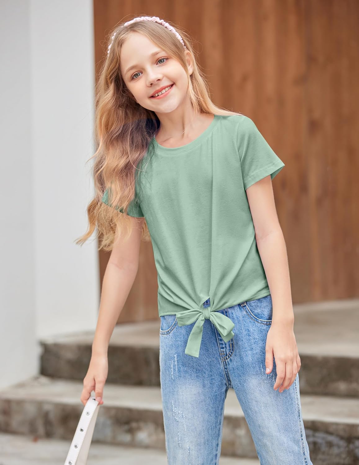 Arshiner Girls Short Sleeve Shirts Tie Knot Front Tops T Shirts for Kids Crewneck Cute Casual Tie Dye Tee Blouse - Image 2