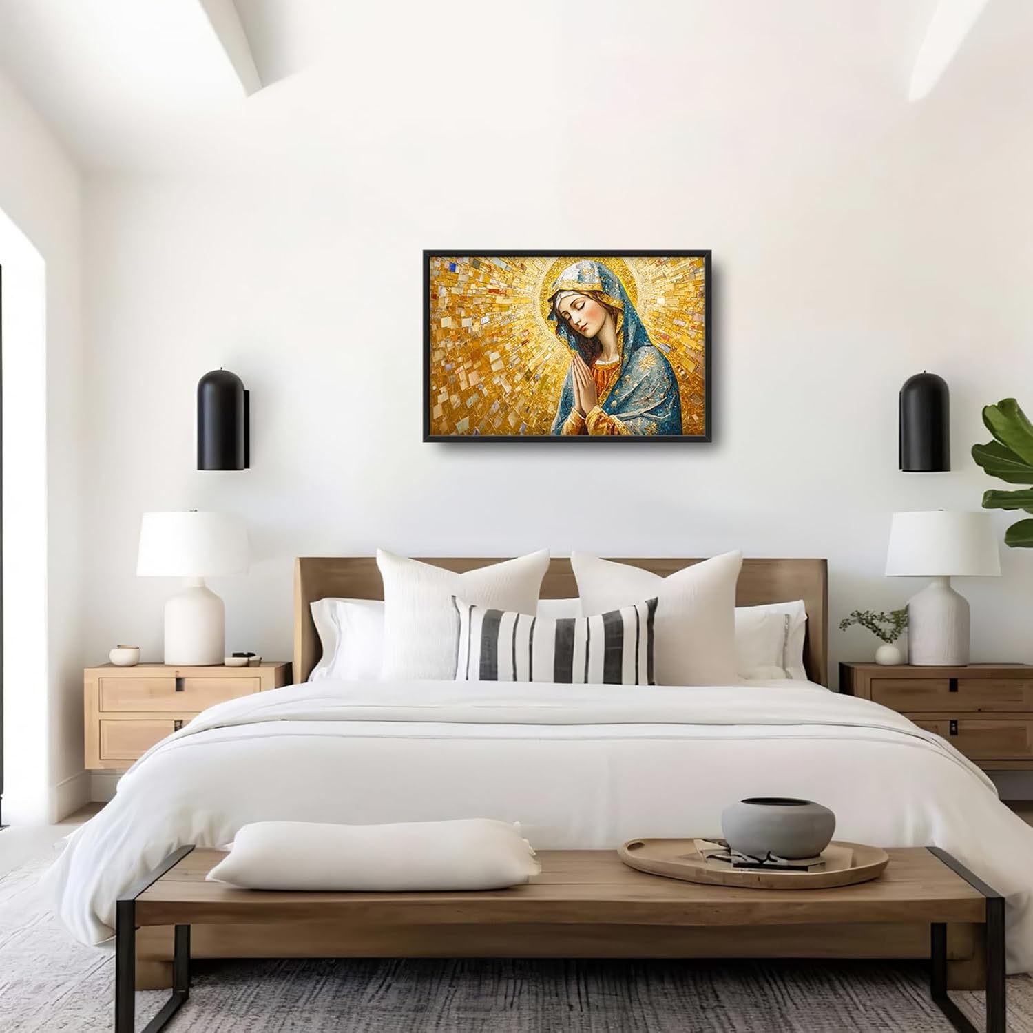 Extra Large Virgin Mary Framed Wall Art for Living Room,Oversized Golden Christian Religious Pictures Wall Decor,Canvas Print Painting Modern Artwork Bedroom Office Bathroom 36L x 24W