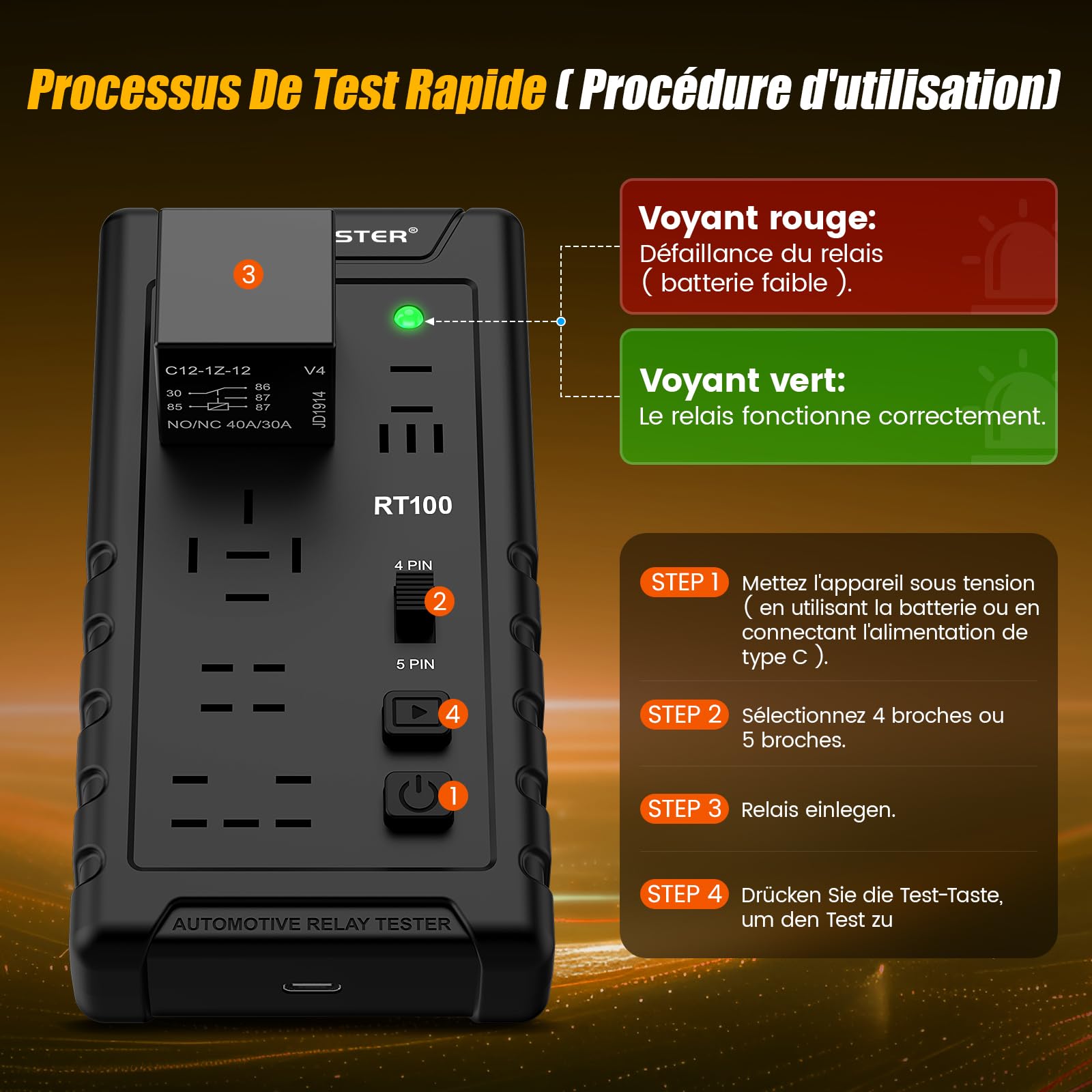 Testeur de Relais de Voiture 12 V/24 V, Testeur de Relais, Vérificateur de Relais Électronique, Outil D'inspection et de Diagnostic de Relais sans fil 4 Broches/5 Broches pour Réparation Automatique