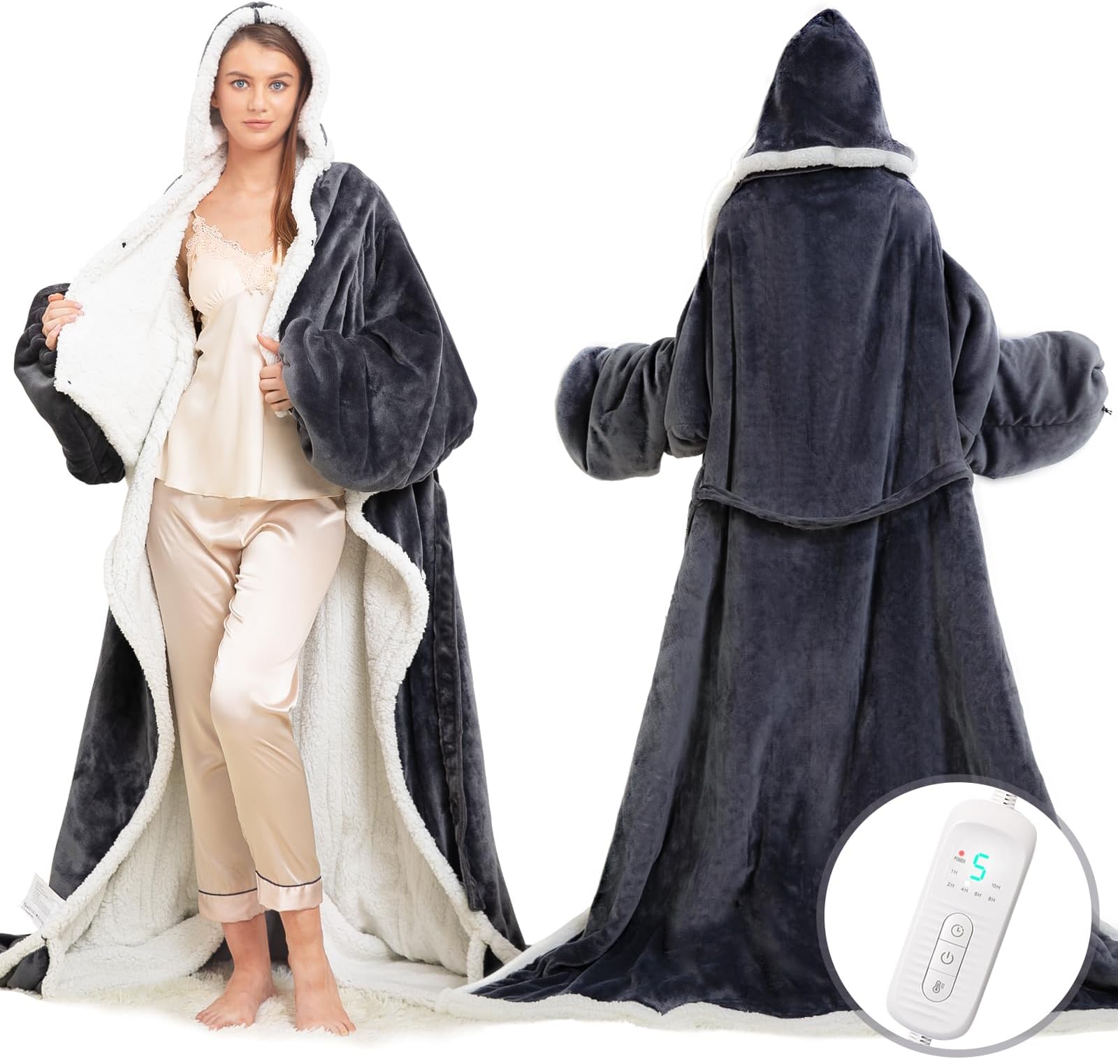 - Wearable Heated Blanket with Foot Pocket, Electric Wearable Throw Blanket with Sleeves, Hood, Portable Heated Blanket with 8 Heat Settings, 1-10 Hours Auto Shut-off, Gift for Family, Friends, 50*70"