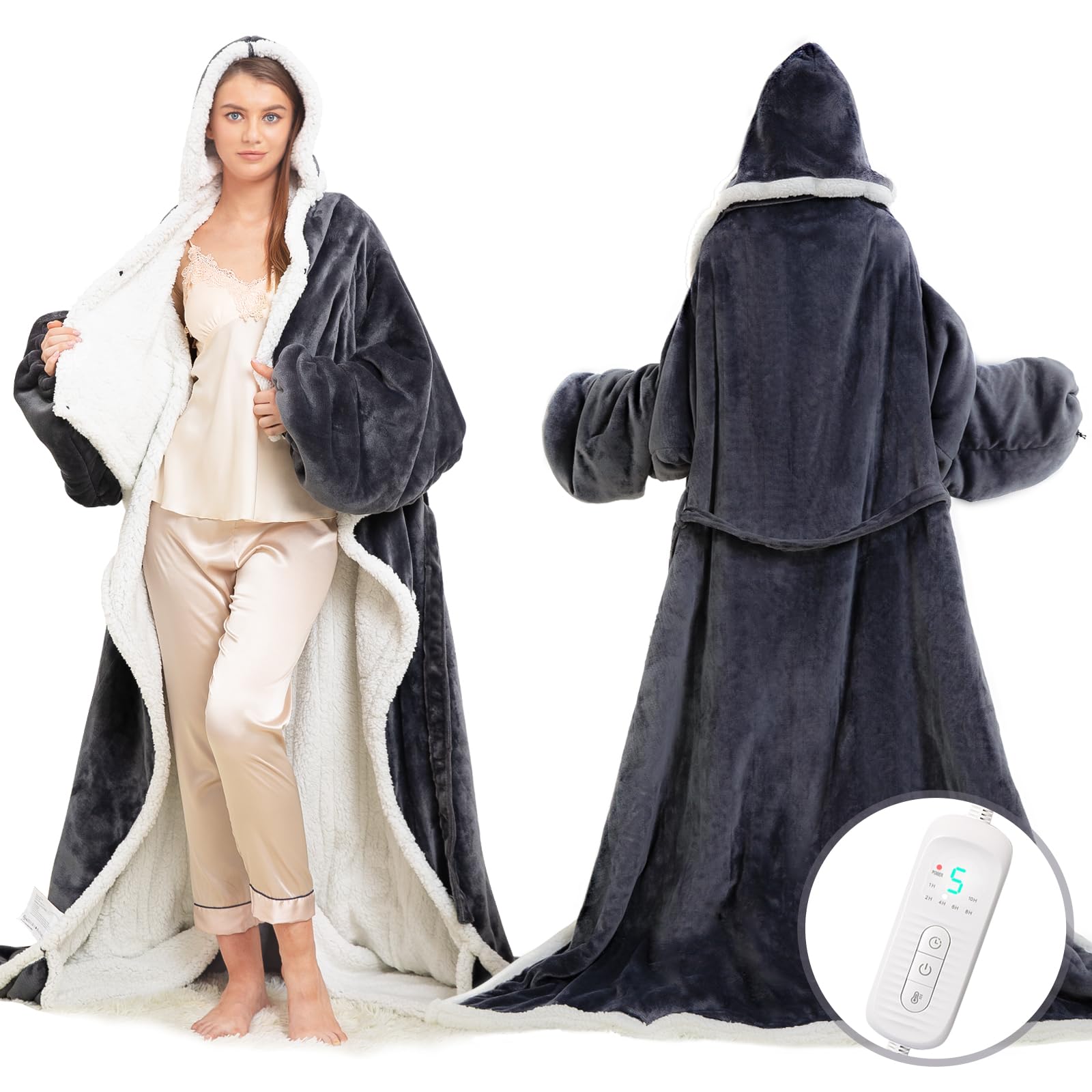 Wearable Heated Blanket with Foot Pocket, Electric Wearable Throw Blanket with Sleeves, Hood, Portable Heated Blanket with 8 Heat Settings, 1-10 Hours Auto Shut-off, Gift for Family, Friends, 50 x 70"