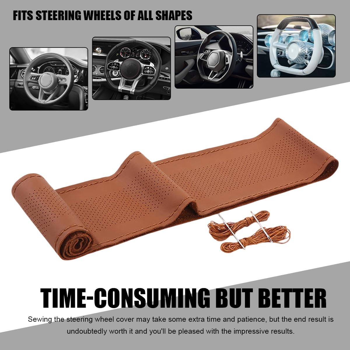 Wevdn Genuine Leather Steering Wheel Cover, Stitch on Wrap, DIY Sewing Steering Wheel Protector, 15 Inch Breathable Non-Slip Steering Wheel Protector, Car Accessories (Brown, Middle Hole) image 4
