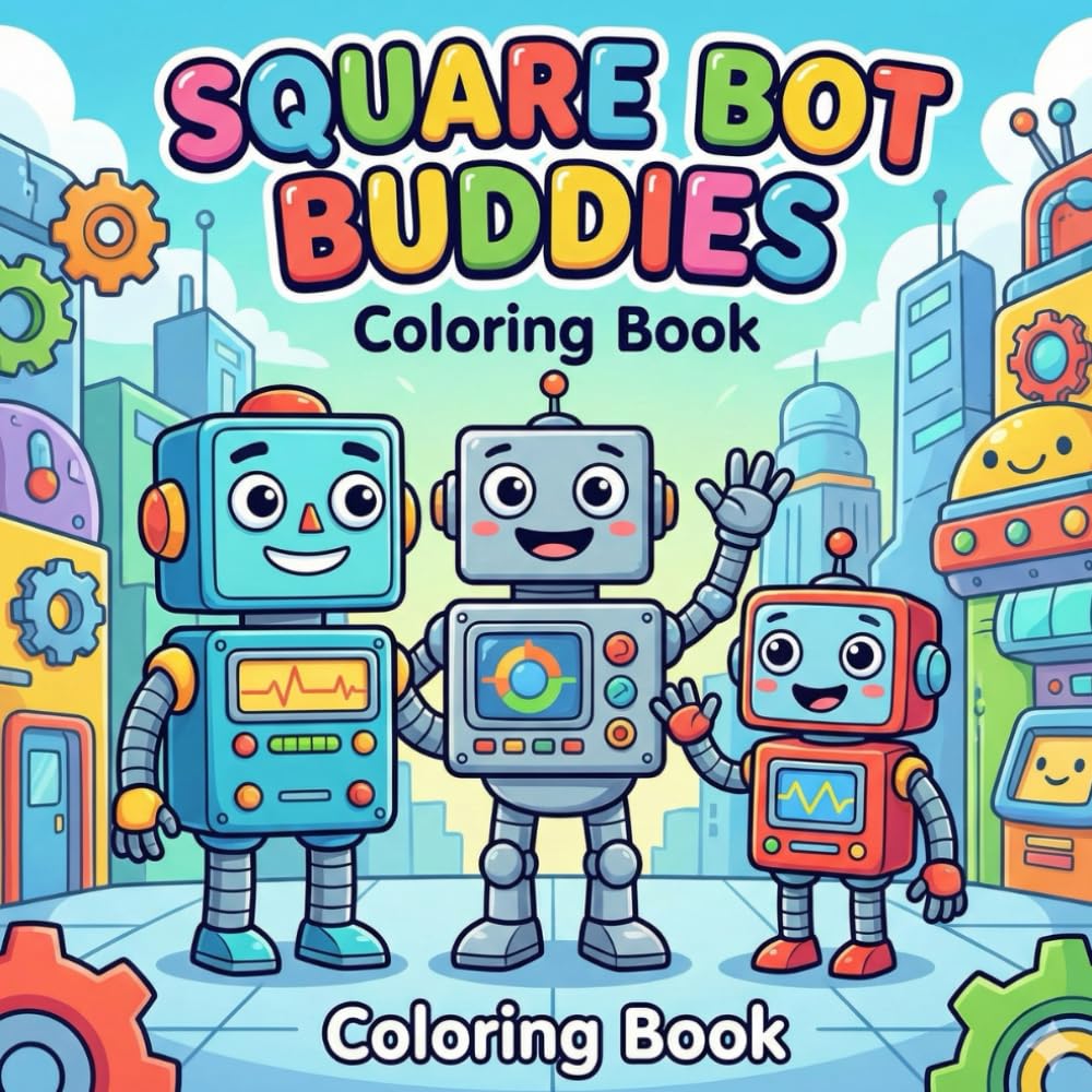 Square Bot Buddies: A Fun Robot Coloring Book for Kids Ages 4-8 with Space, Sports, and Adventure Themes
