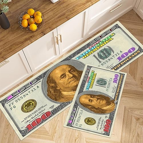 GUBIYU Juego de 2 alfombras y tapetes de cocina color beige y dorado para billetes de 100 dólares, alfombra divertida y fresca para baño,