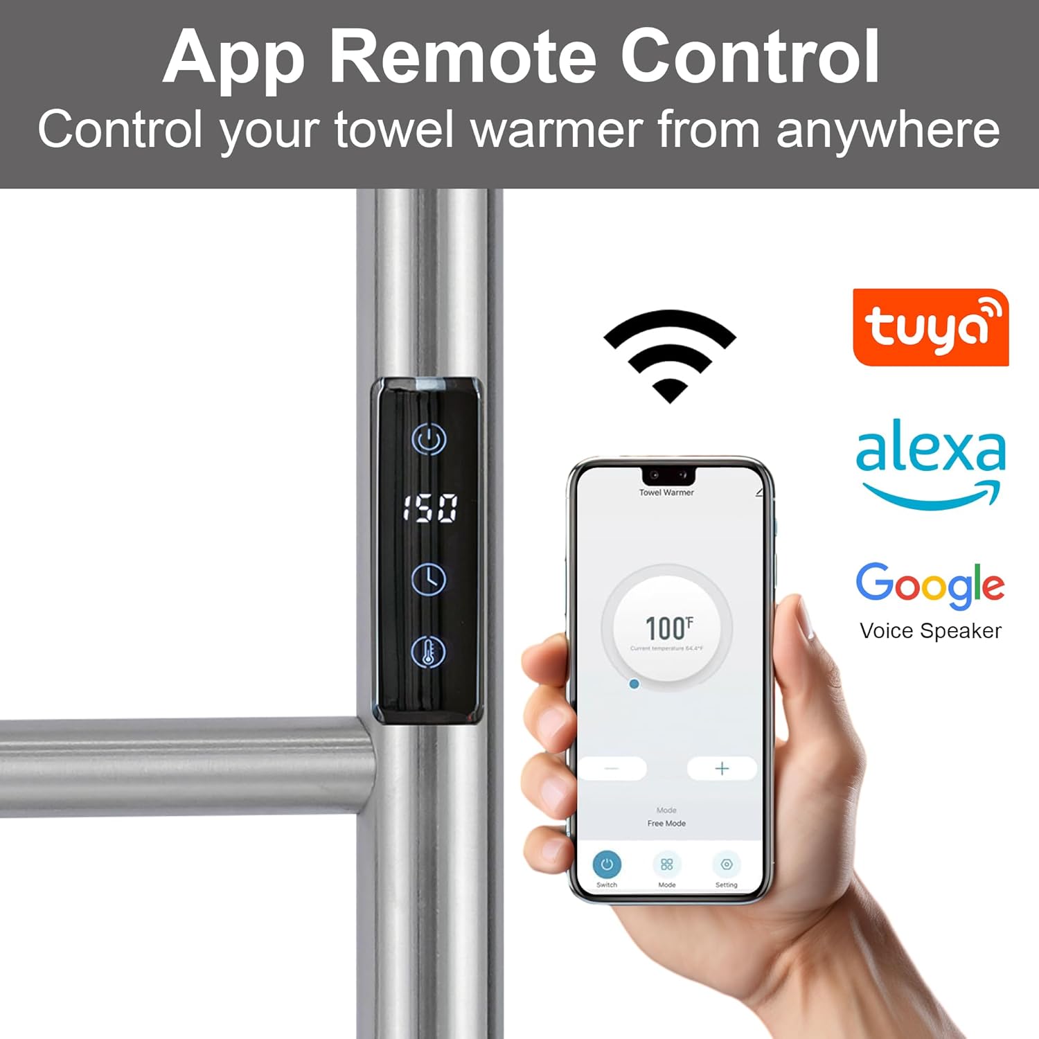 Electric Towel Rack with Voice Control for Alexa & Google Home,TUYA-Wall-Mounted Bathroom Heating Towel Warmer,Stainless Steel Material,31.5x20.08x4.41in,Plug-in,Brushed,10 Bars