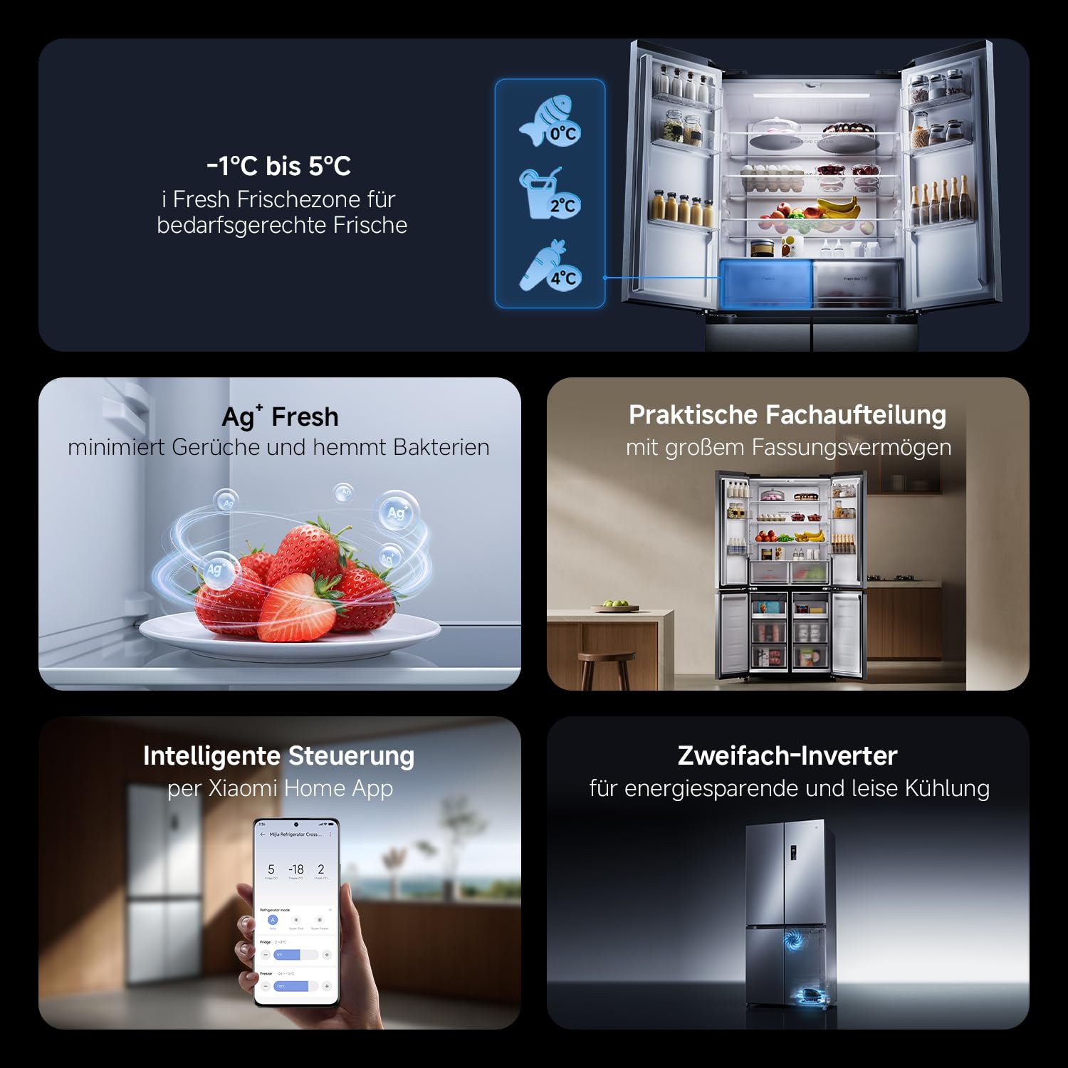 XIAOMI Mijia Cross Door Refrigerator 502L, No Frost, Ag⁺ Antibakteriell | i Fresh Konvertierbare Zone, Dual Inverter, Smart Control, Geräuscharm, Silber, W852×D600×H1912 mm