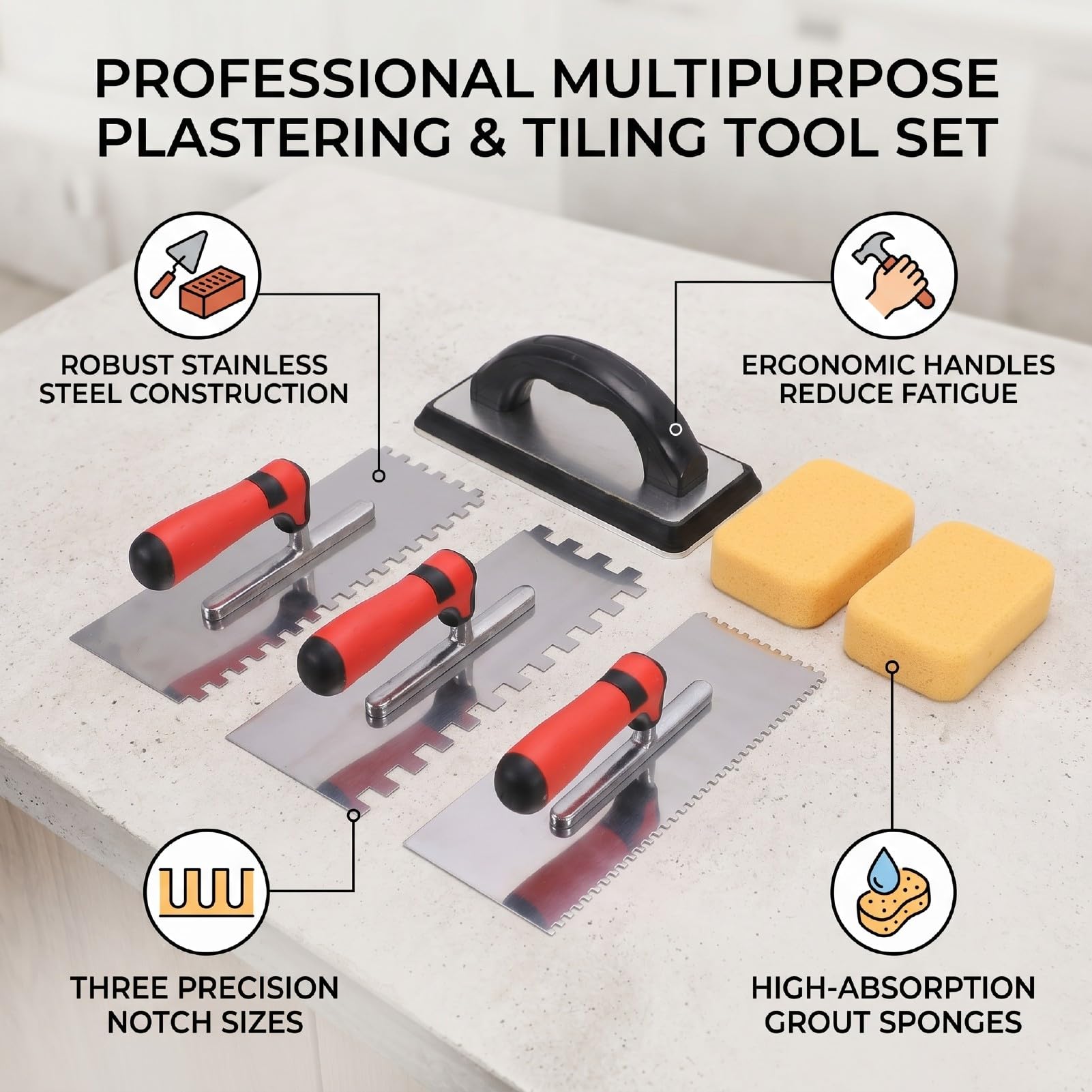 ASHATA Zestaw 3-częściowy Stalowa Paca do Gładzenia Tynku, Stal | Plastering Hand Tools with Rubber Grout Float, Sponge for Wall, Tile, Drywall, Concrete, Leveling, Smoothing