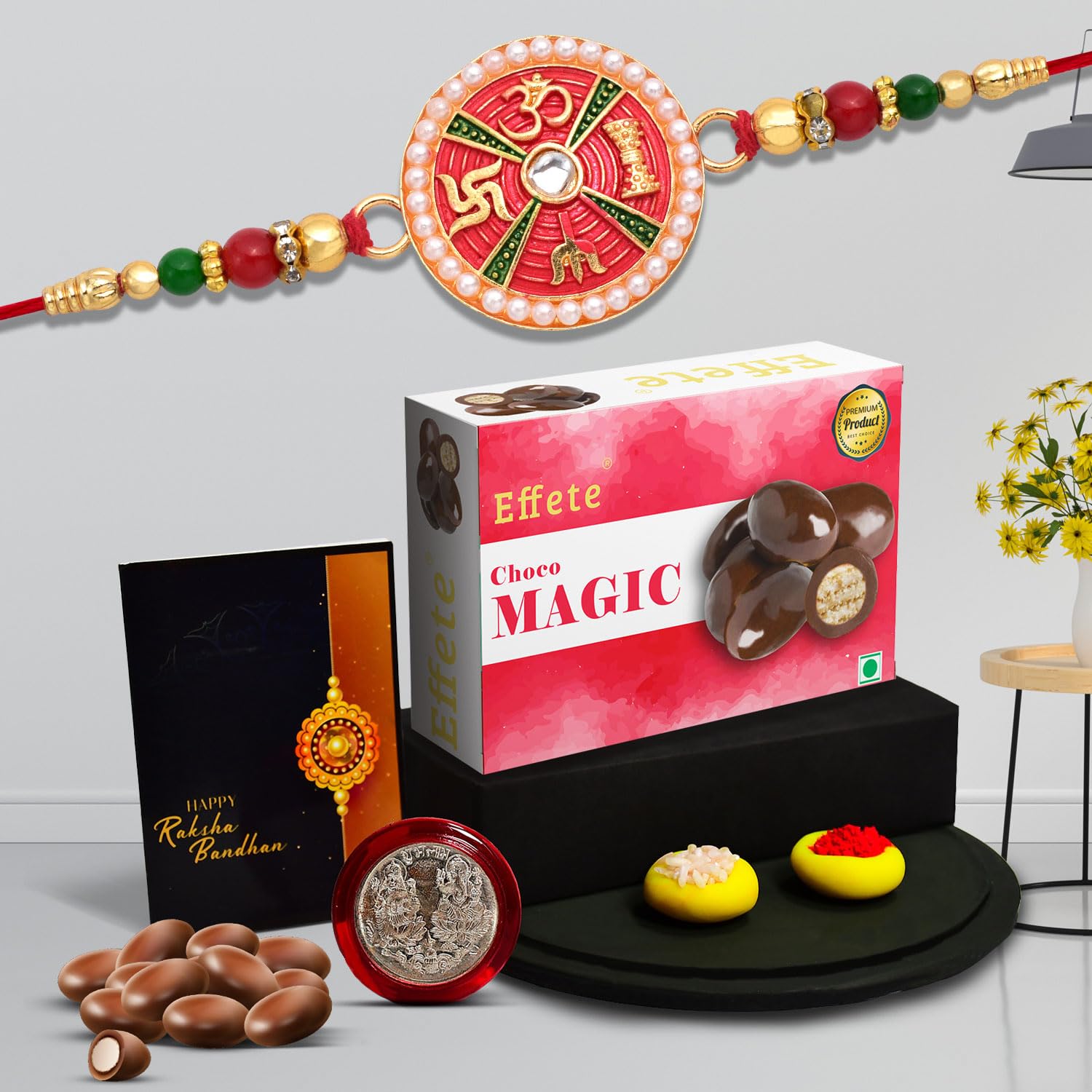 DeoDap (K1_307_CM32) Multicolor Leaf shped Rakhi Combo with Effete Chocolate Magic 32gm, Silver Color Pooja Coin, Roli Chawal & Greeting Card, Occasion, Rakhi & Chocolate for brother, bracelets for men stylish, rakhi with gift, Rakhi Combo, Set of 1  (B0B5134NTX) Amazon Price History, Amazon Price Tracker
