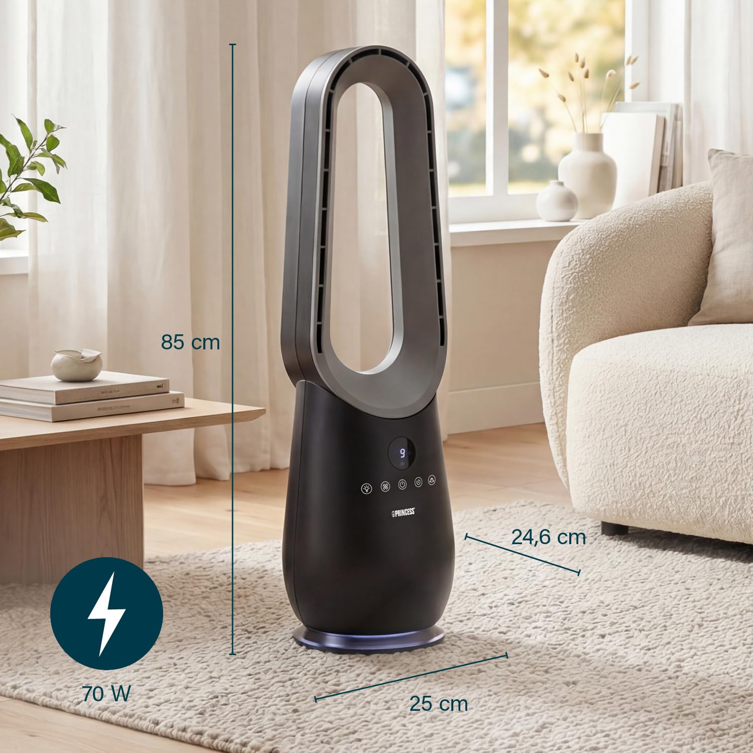 Princess Ventilator ohne Blätter – 70 W – Stimmungslicht – Niedriger Verbrauch – 75°-Oszillation – 3 Geschwindigkeiten – 351590