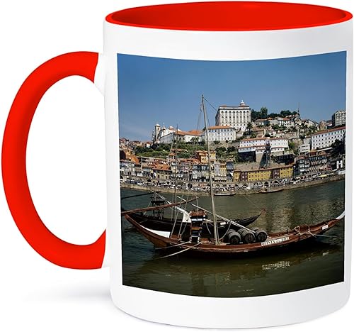 3dRose Portugal Porto Boat with Wine Barrels On The Douro River - Taza de dos tonos, 11 onzas, color rojo