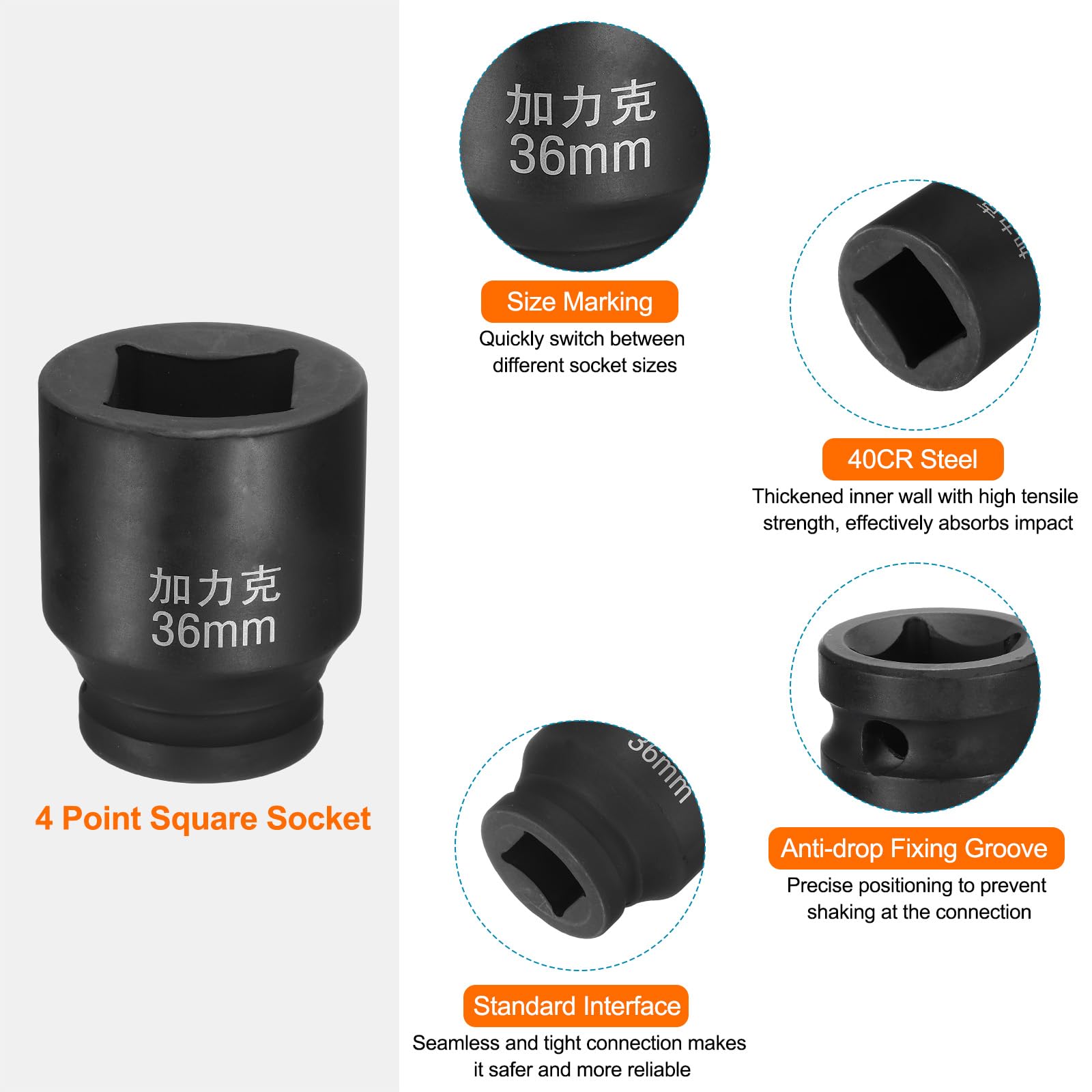 QUARKZMAN 2 sztuki 4-punktowe gniazdo czworokątne 1" napęd 36 mm nasadka nasadowa, metryczne gniazdo czworokątne 40CR, zaciemnienie standardowe gniazda kół, pneumatyczne narzędzie do naprawy samochodu