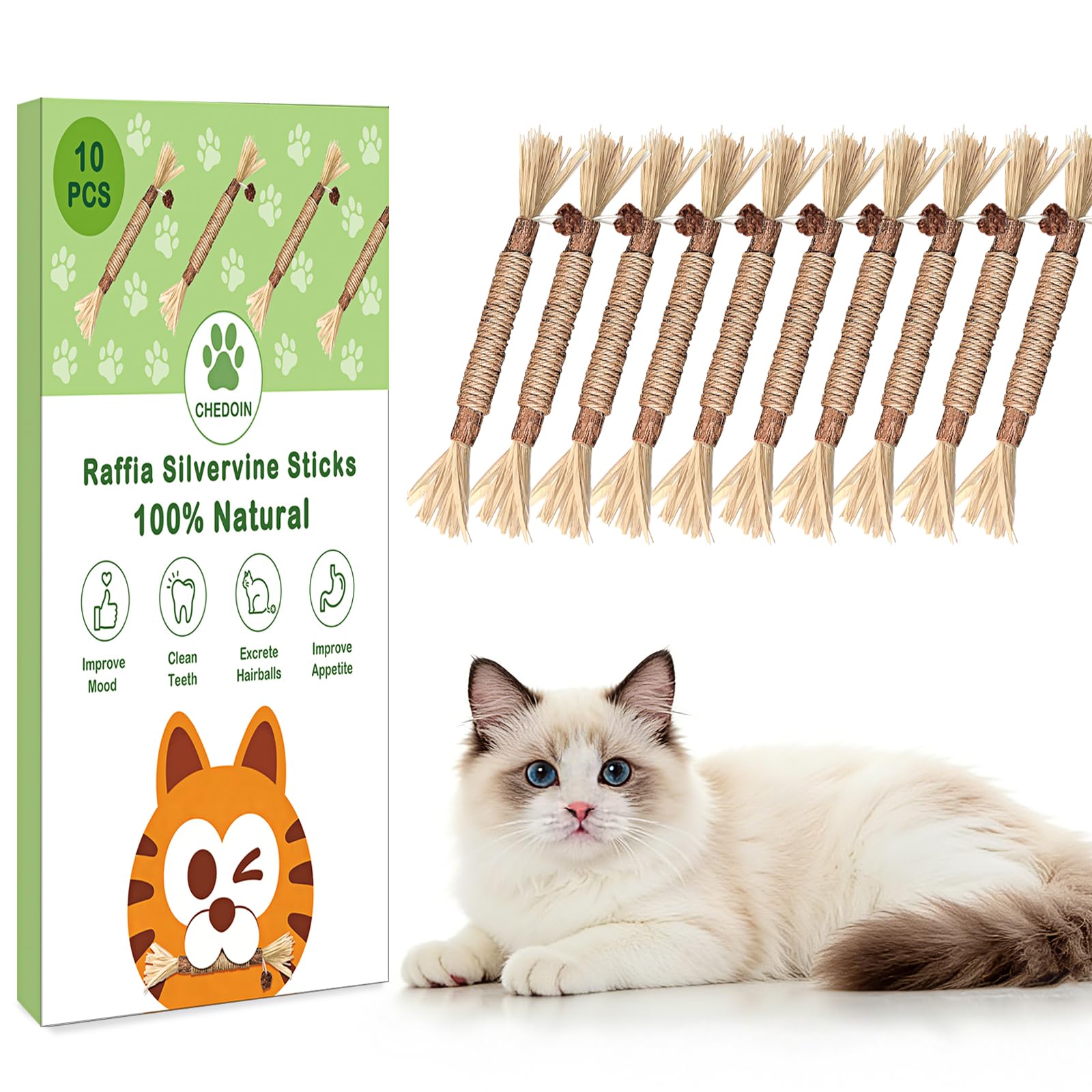 View 1 of [10 Pack] Silvervine Sticks for Cats, Natural Chew Stick for Dental Care Teeth Cleaning, Cat nip Chew Rope Toys for Bored Indoor Kittens, Catmint Silvervine Blend Toys