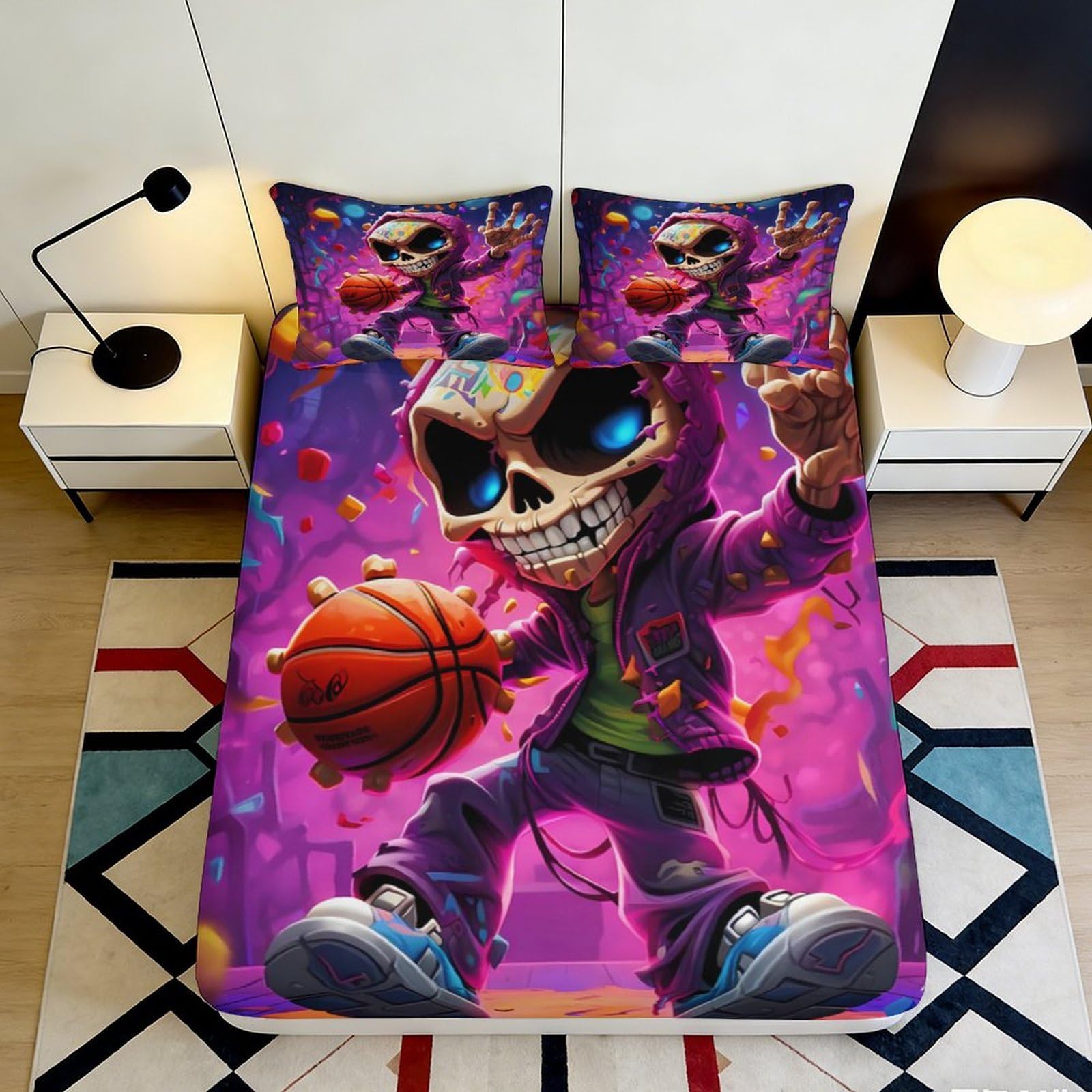 3D Printed Graffiti Skull Basketball Fitted Sheet Microfiber Soft Anti-Slip Mattress Cover for Bedroom Dorm Decor 200x200x25cm